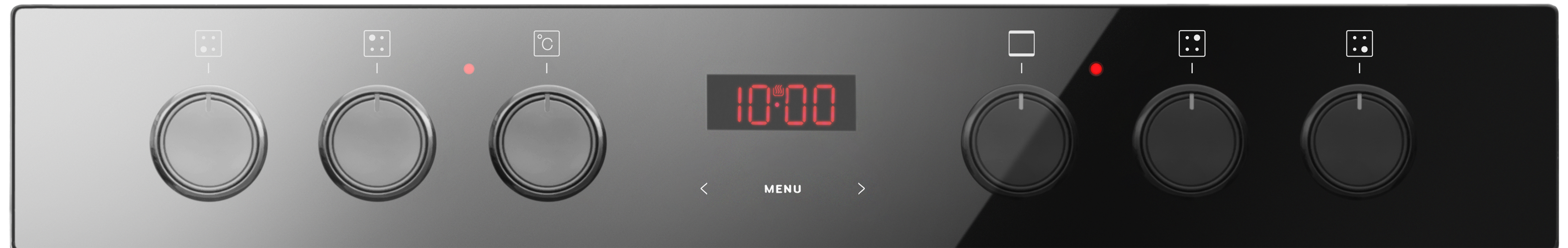 Backofen-Bedienfeld mit Knöpfen, Digitalanzeige mit 10:00 Uhr und verschiedenen Kontrollleuchten. Schwarze Oberfläche.