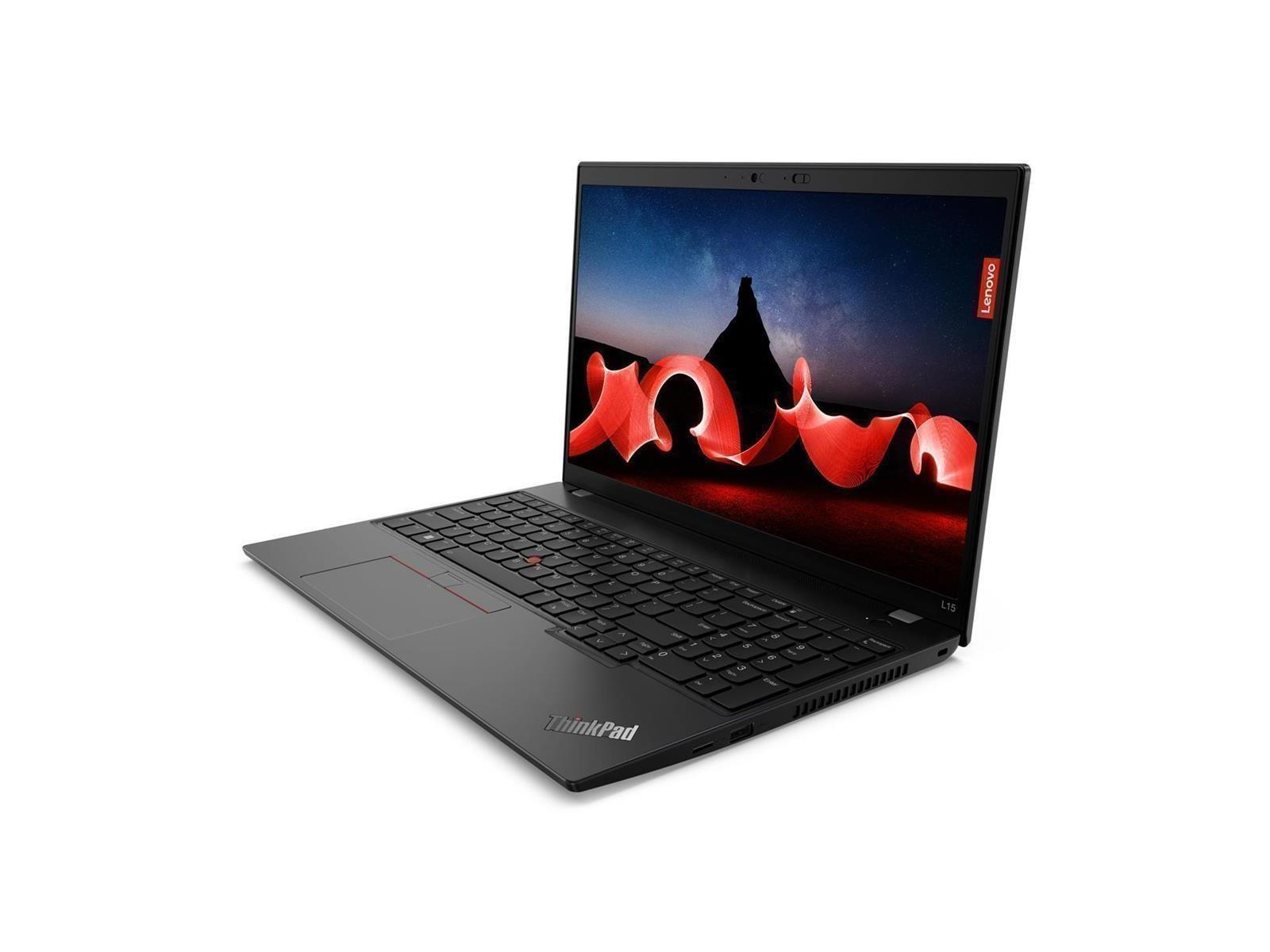 Ein schwarzes Lenovo ThinkPad Laptop, geöffnet, auf weißem Hintergrund, mit einem farbenfrohen Bildschirm.