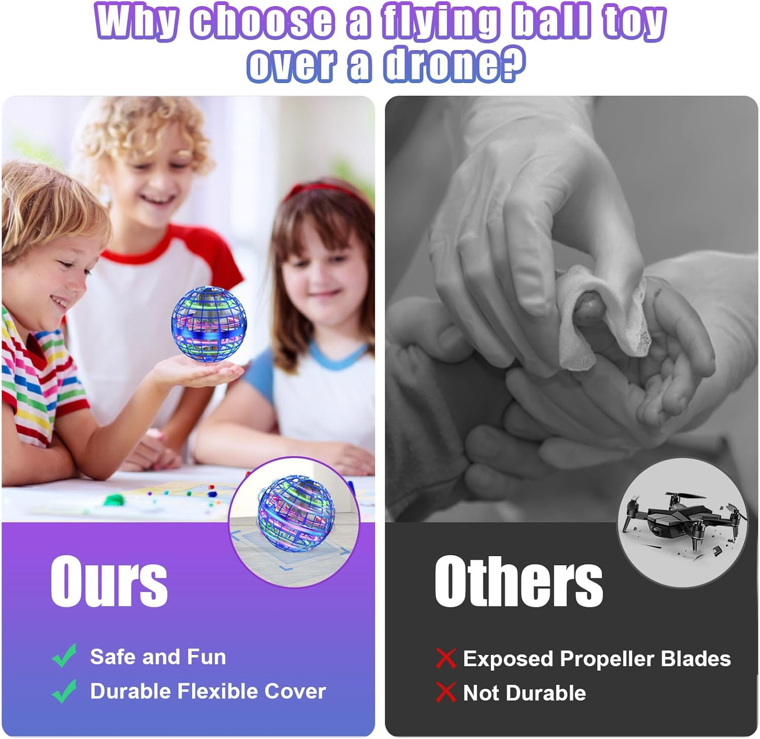 Ein Vergleichsbild. Links: Kinder spielen mit einem Ballspielzeug. Rechts: Eine Drohne mit freiliegenden Rotorblättern.