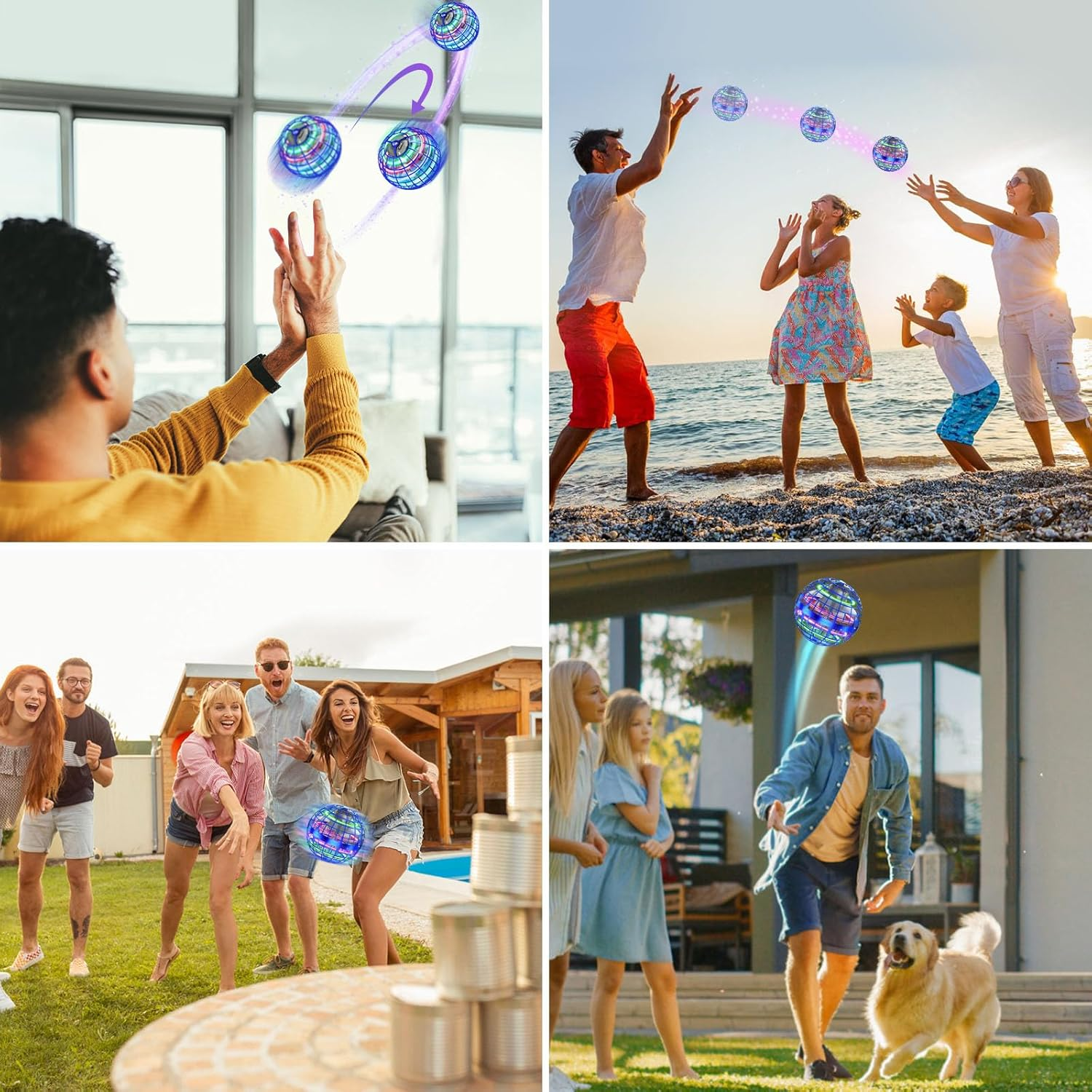 Collage von Menschen, die mit fliegenden Orb-Spielzeugen spielen.