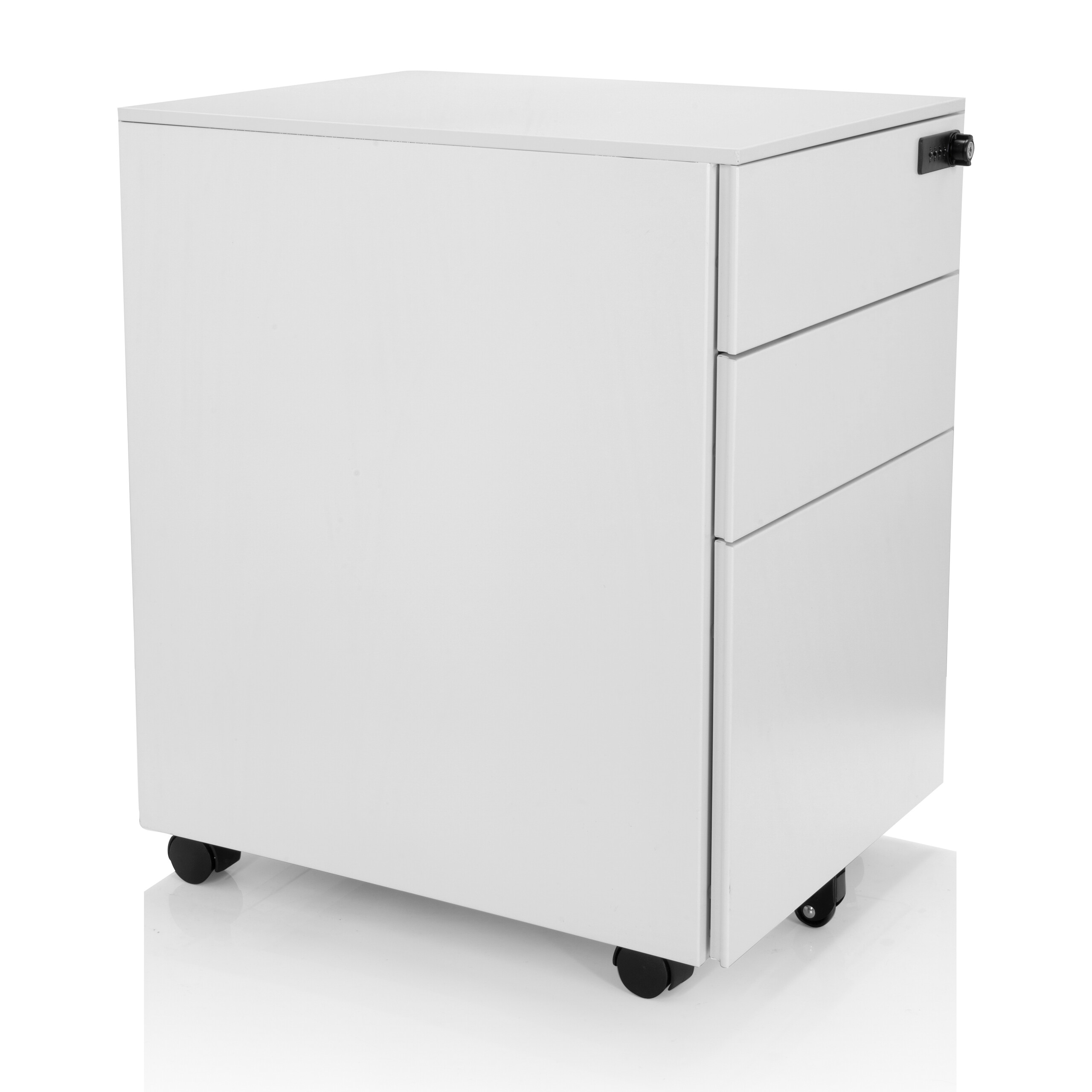 Weißer Büroschrank mit drei Schubladen und schwarzen Rädern.