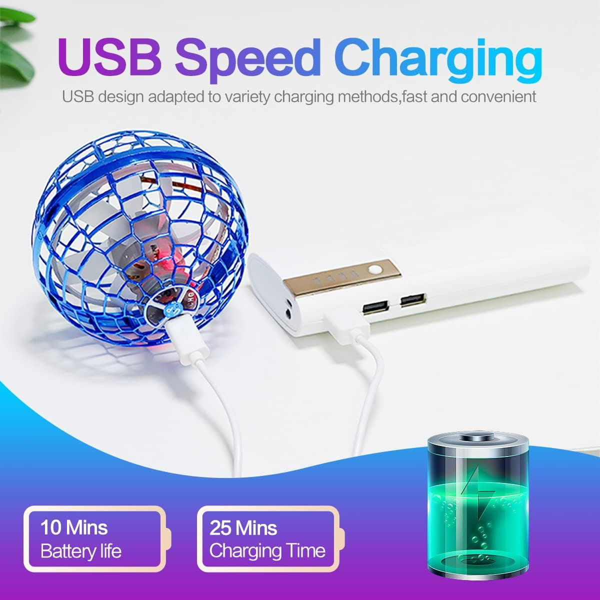 Blauer Kugelspielzeug, das von einer weißen Powerbank aufgeladen wird. Der Text lautet USB Speed Charging.