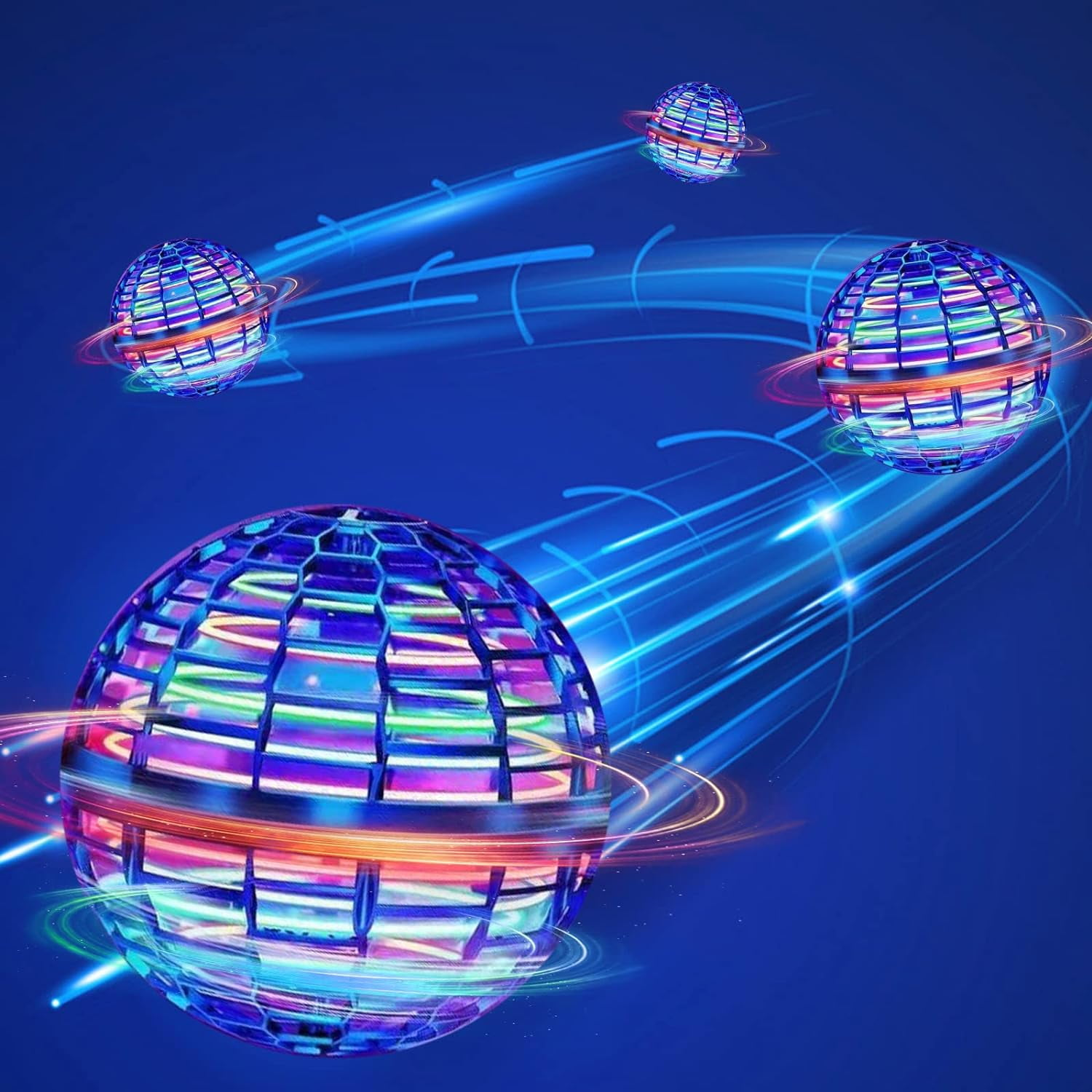 Vier fliegende Kugeln mit bunten Lichtern. Blauer Hintergrund mit fließenden Lichtspuren.