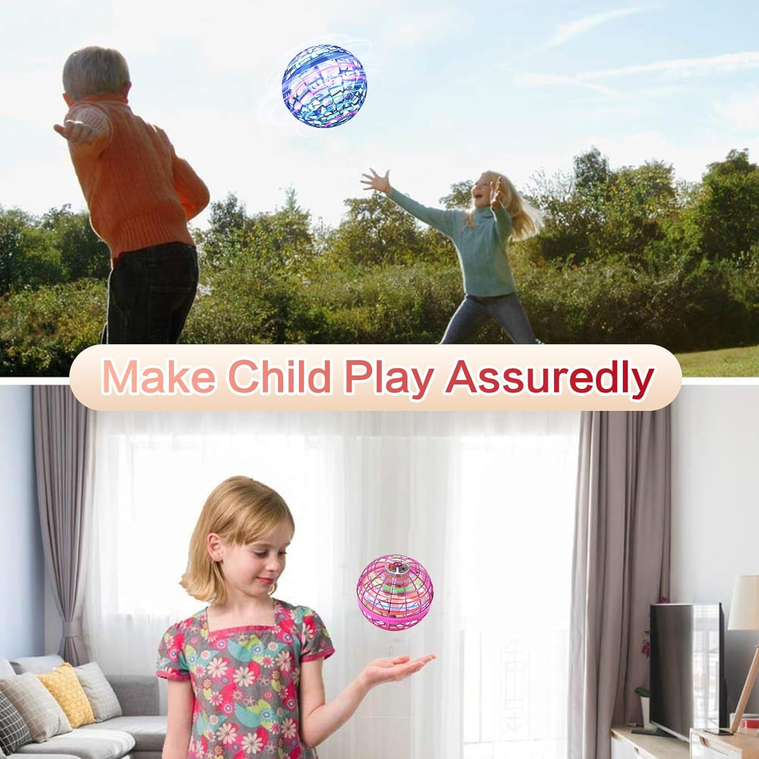 Kinder spielen mit einem fliegenden Kugelspielzeug. Der Text lautet Make Child Play Assuredly.
