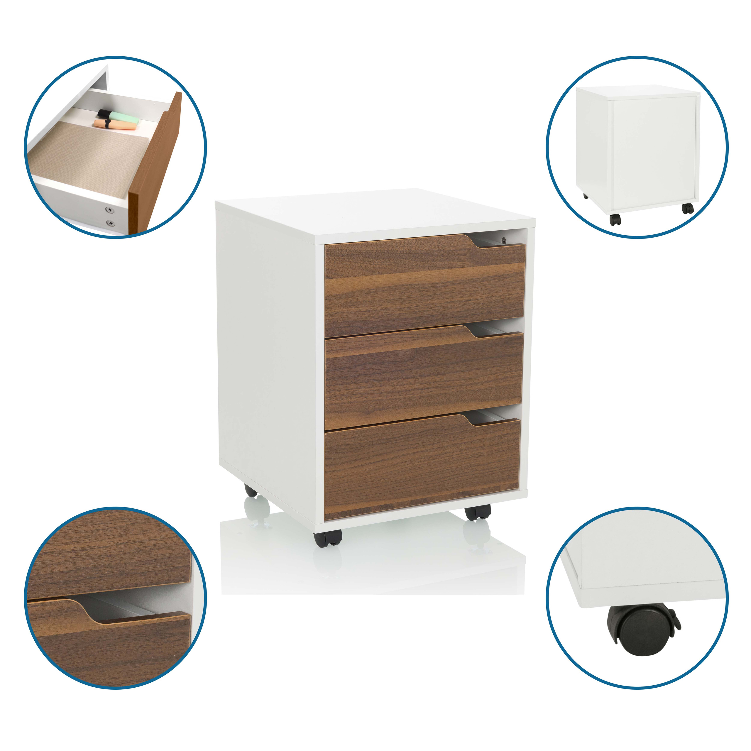 Weißer Schrank mit Holzschubladen und einigen detaillierten Nahaufnahmen.