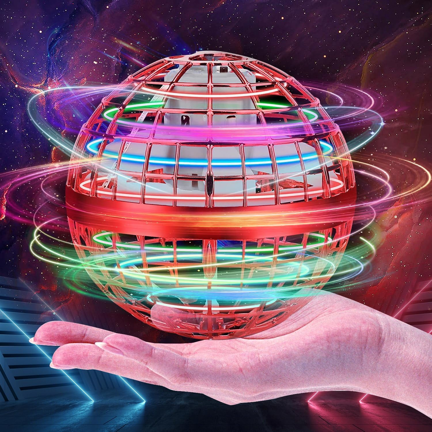 Eine Hand, die ein leuchtendes rot-blaues fliegendes Kugelspielzeug mit Lichtspuren darum hält.