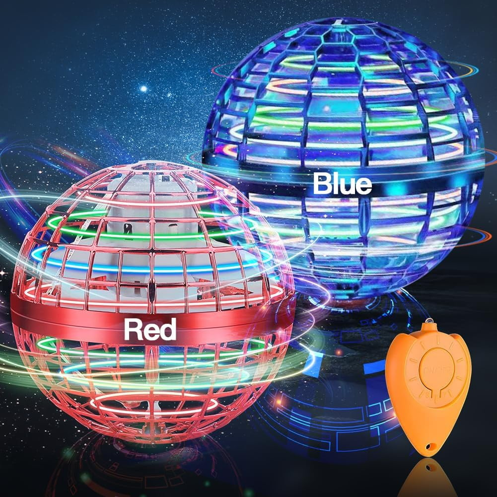 Zwei fliegende Kugeln, eine rote und eine blaue, mit Fernbedienung.