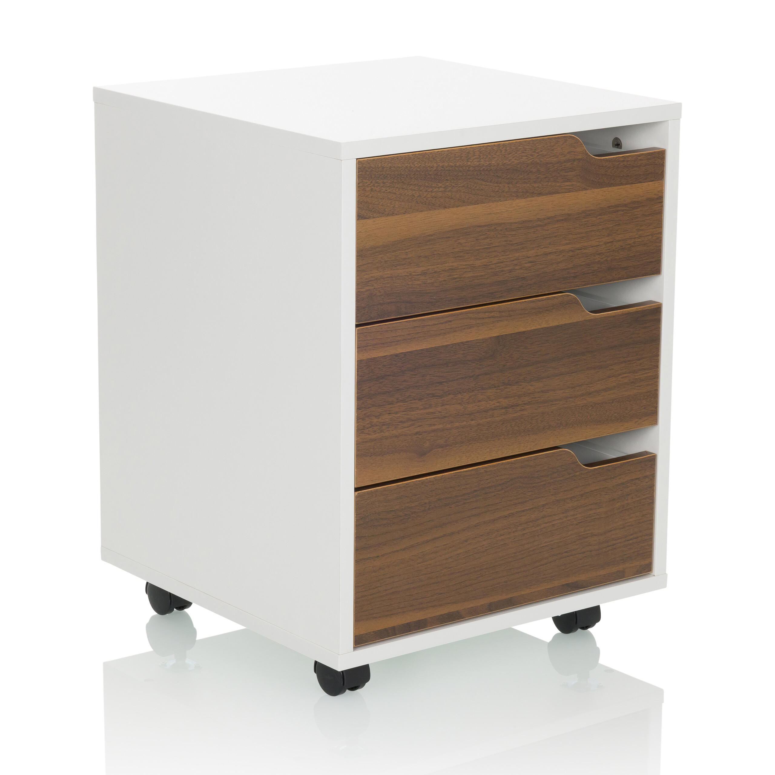 Weißer und brauner Schrank mit drei Schubladen. Es steht auf Rädern.