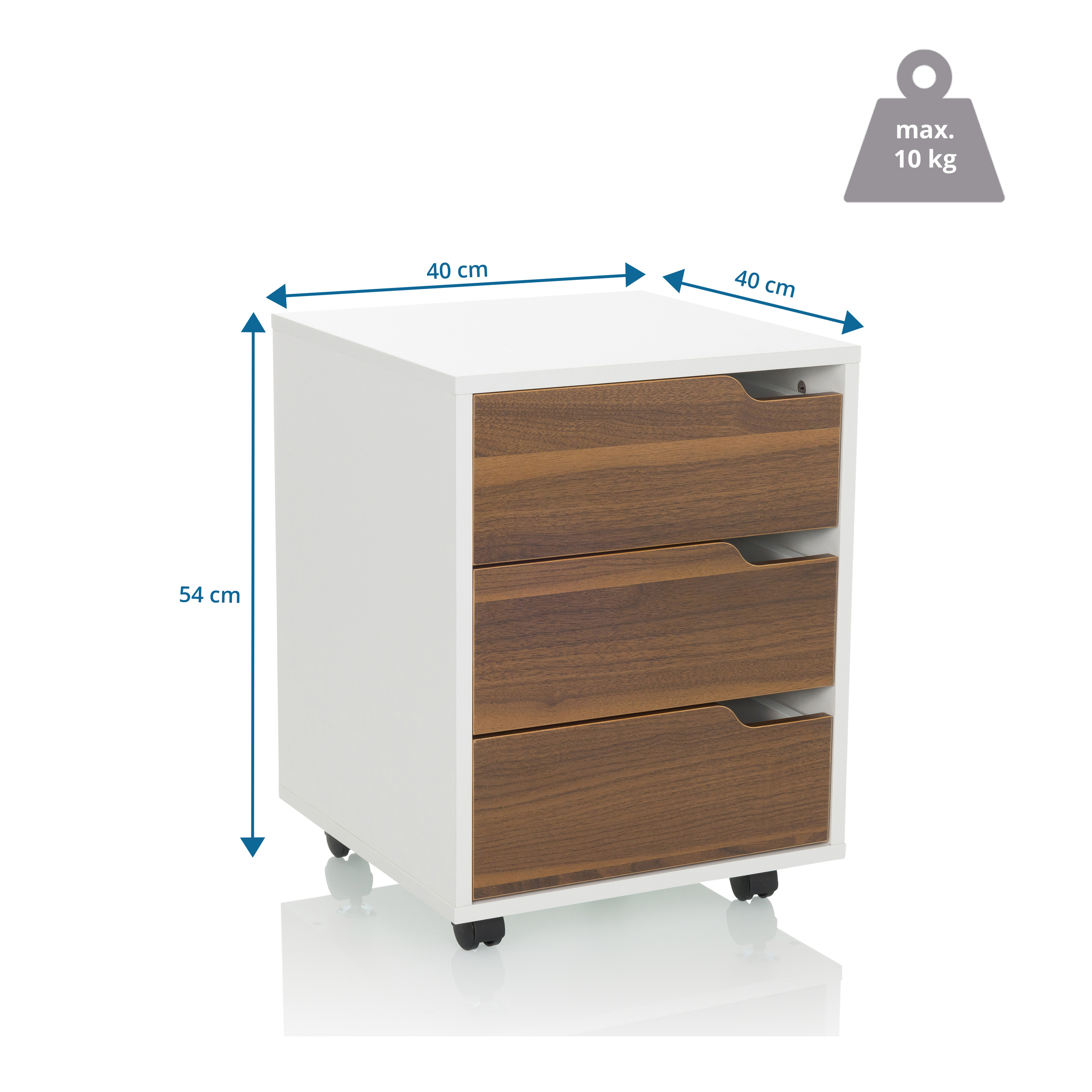 Weißer und brauner Schrank mit drei Schubladen. Abmessungen in cm und max. Gewicht.