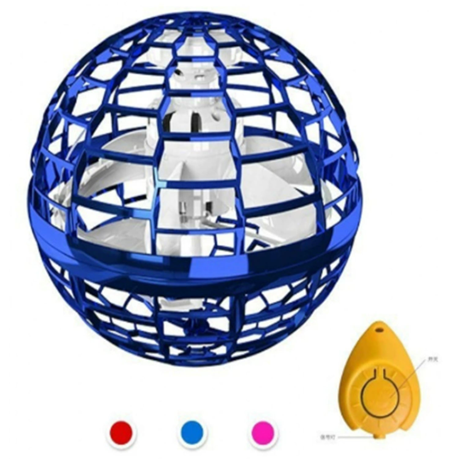 Ein blau-weißer Drohnen-ähnlicher Ball mit Käfigdesign und gelber Fernbedienung. Es hat rote, blaue und rosa Lichter.