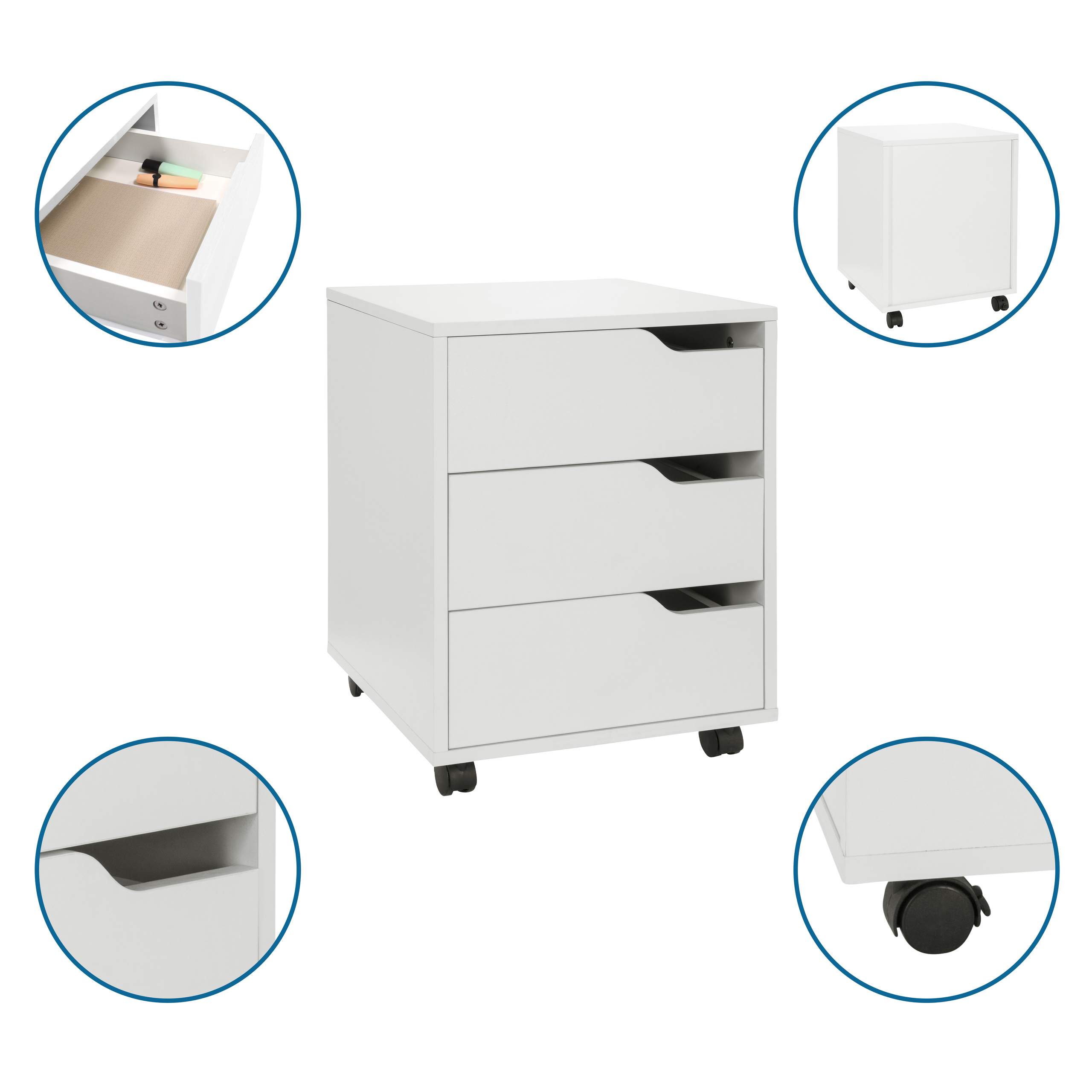 Ein weißer Schrank mit drei Schubladen auf Rollen. Nahaufnahmen zeigen Schubladendetails und die Seite des Schranks.