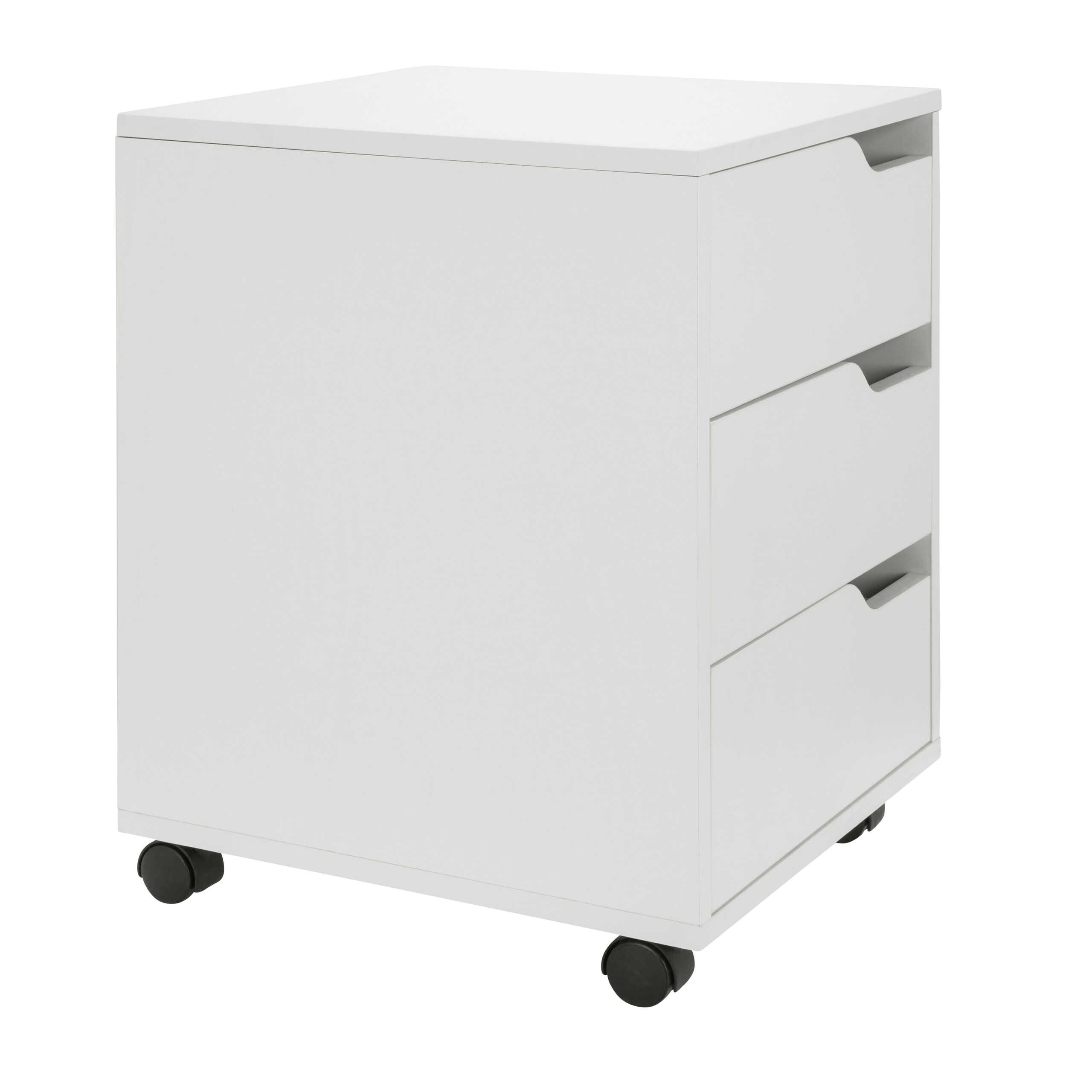 Weißer Drei-Schubladen-Schrank auf Rädern. Schubladen haben Griffaussparungen.