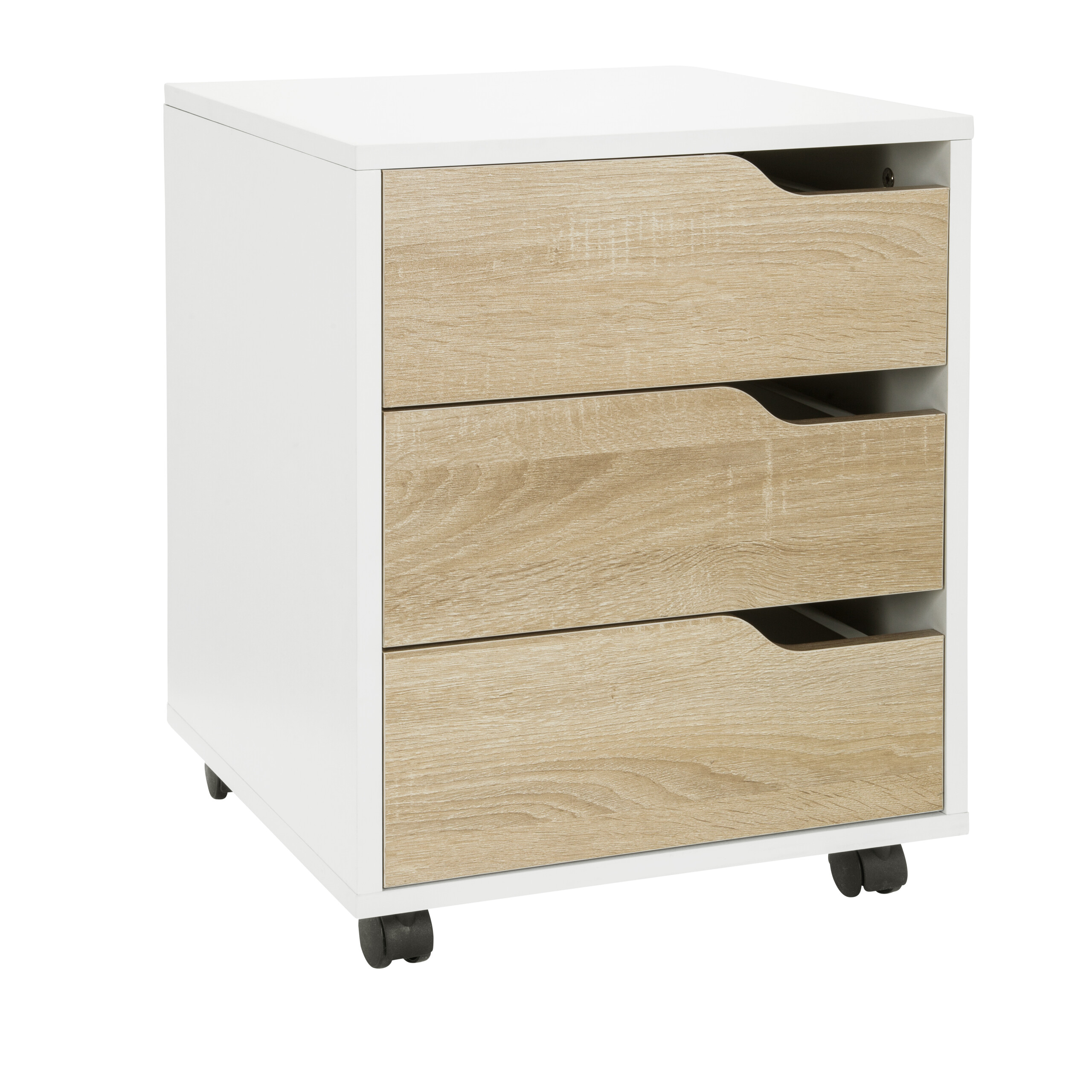 Weißer Schrank mit drei Schubladen in Holzmaserung. Schubladen mit Griffaussparungen.