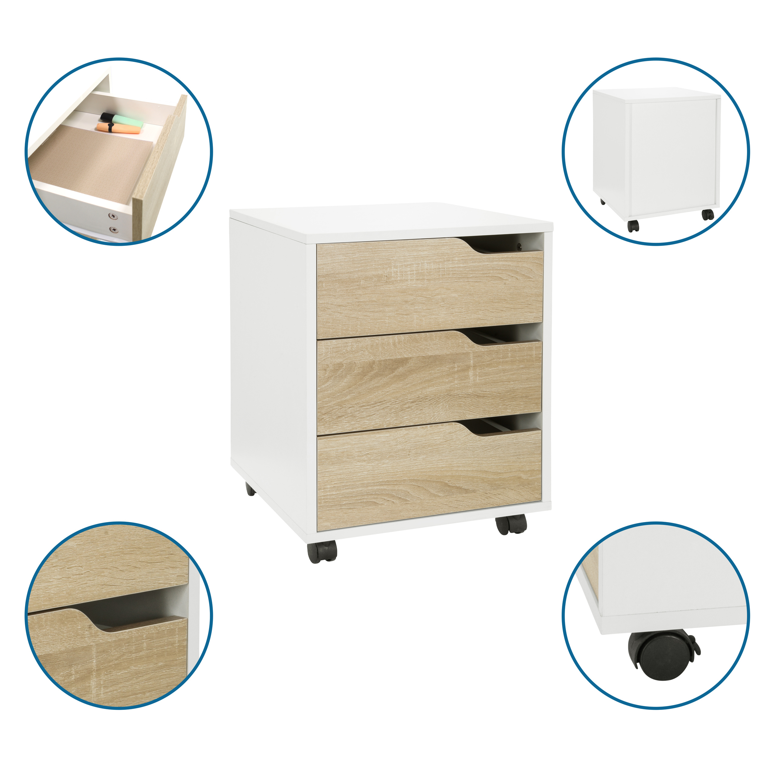 Weißes und holzfarbenes Schubladenelement mit drei Schubladen. Nahaufnahmen von Schubladen und Rollen.