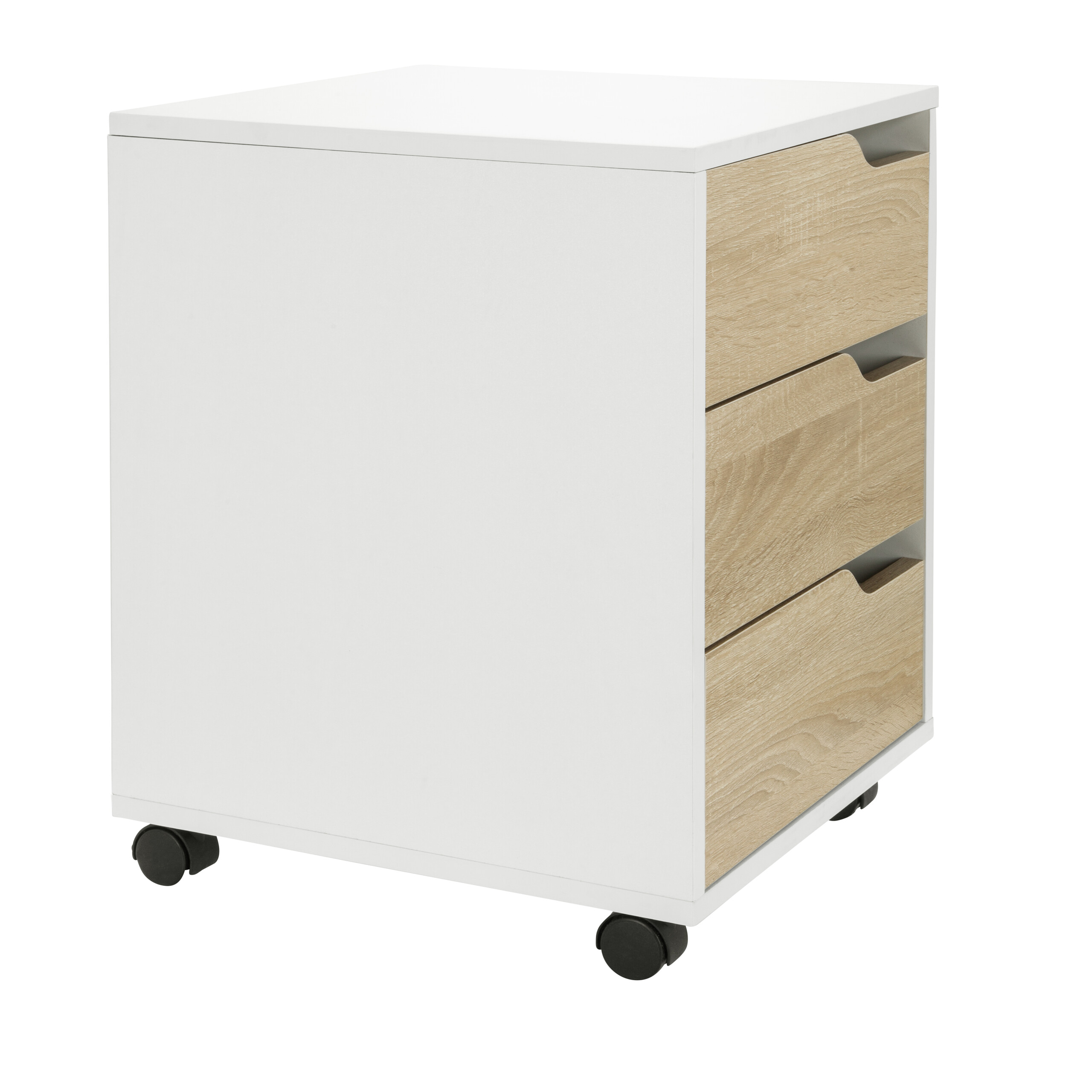 Weißer Schrank mit drei Schubladen in Holzmaserung. Schubladen mit Griffaussparungen.