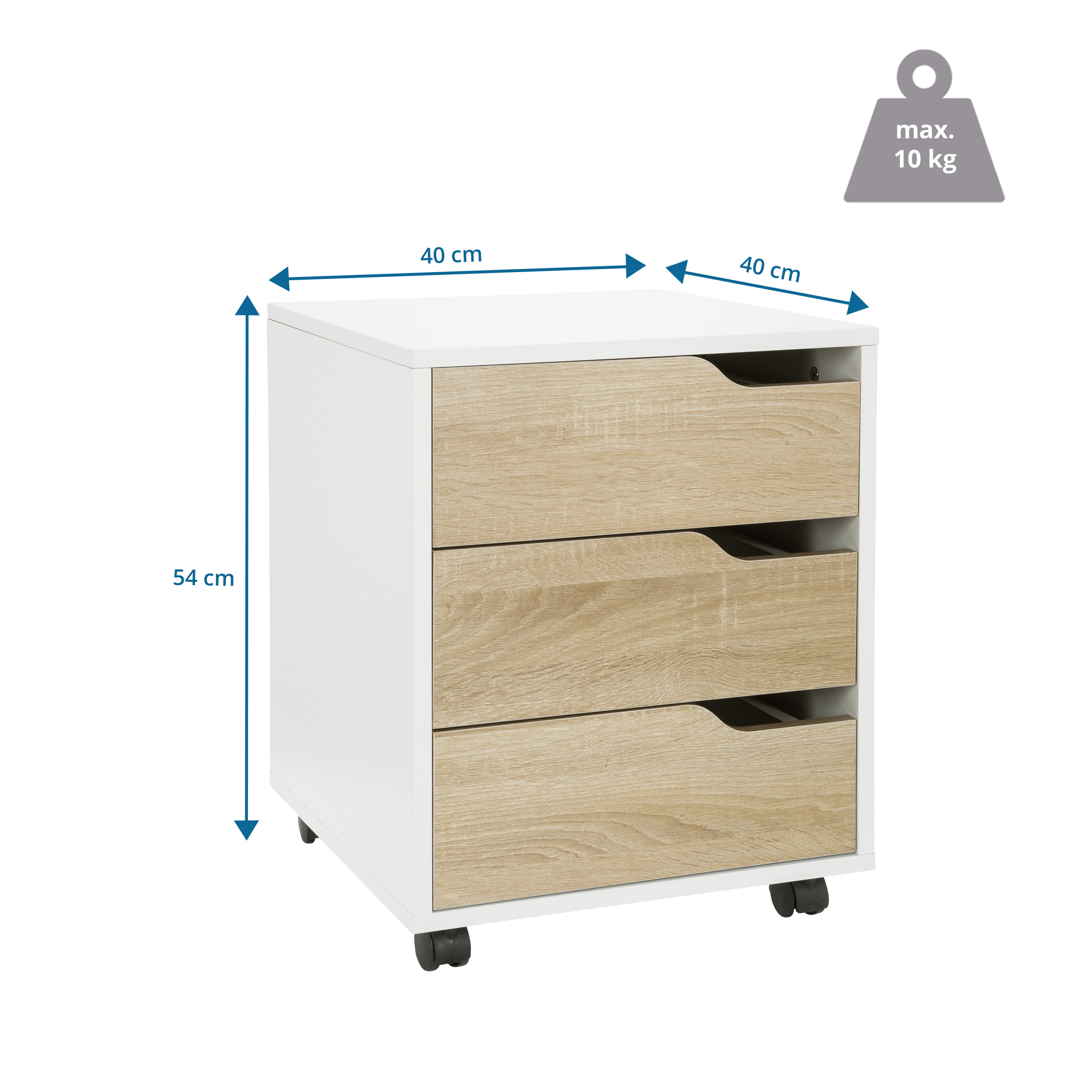 Ein weißer Schrank mit drei Schubladen mit Holzmustern. Abmessungen sind angegeben.
