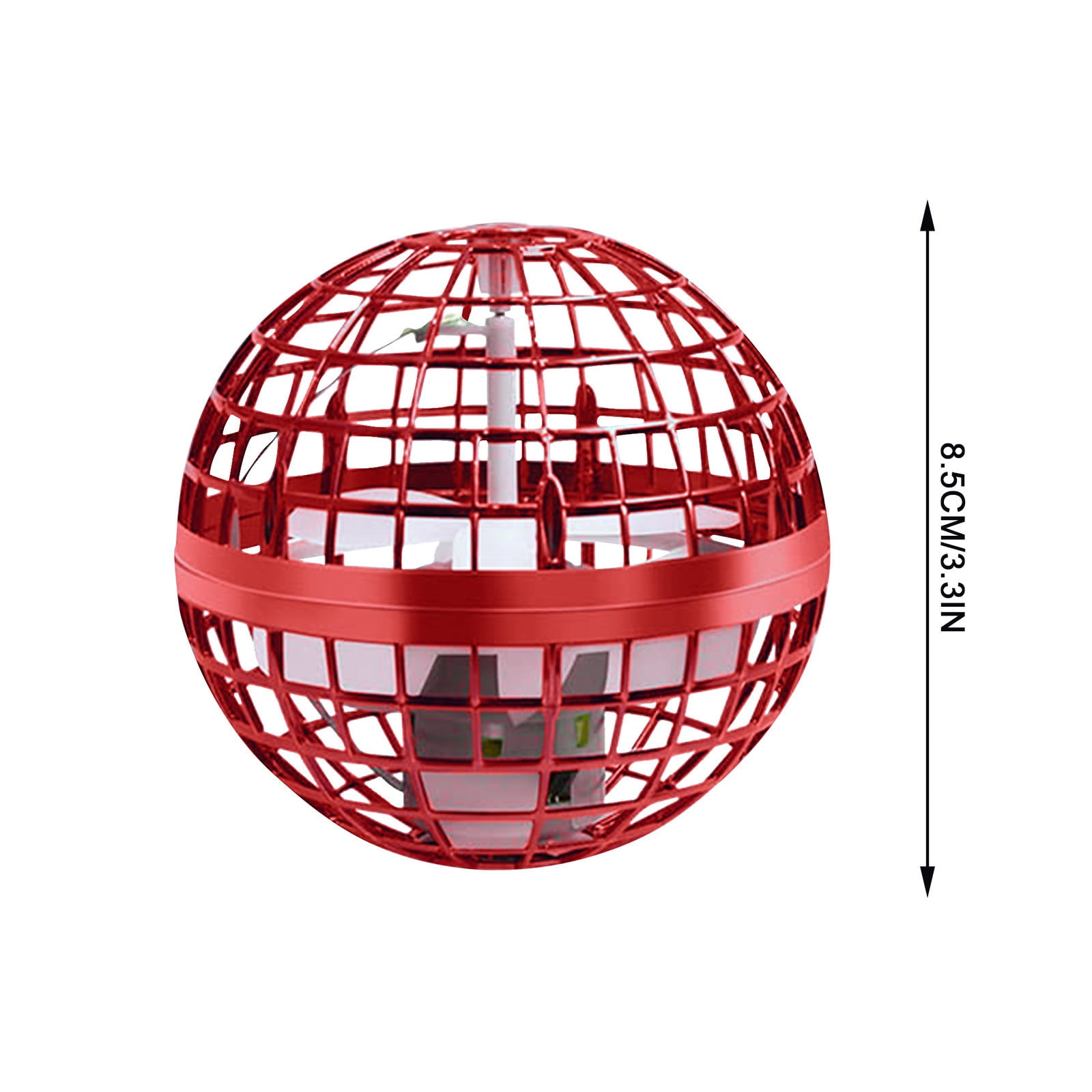 Rotes, kugelförmiges Spielzeug mit käfigartigem Design. Es hat ein weißes Innere und 3,3 Zoll.