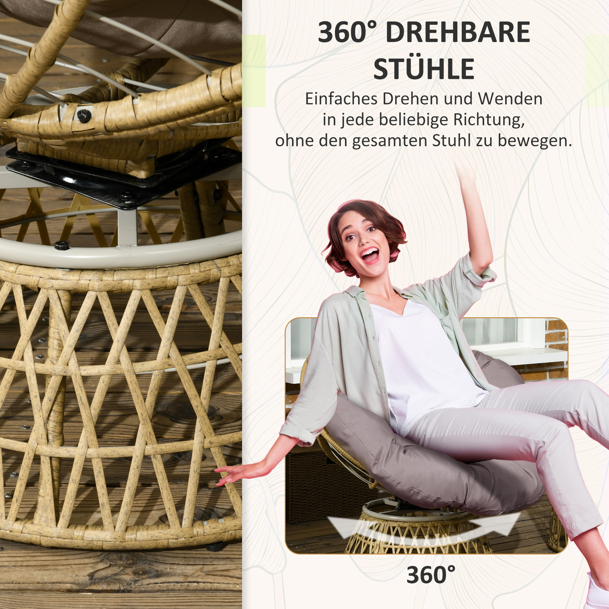 Eine Frau sitzt lächelnd in einem runden Korbstuhl. Ein Diagramm zeigt die Drehung des Stuhls.