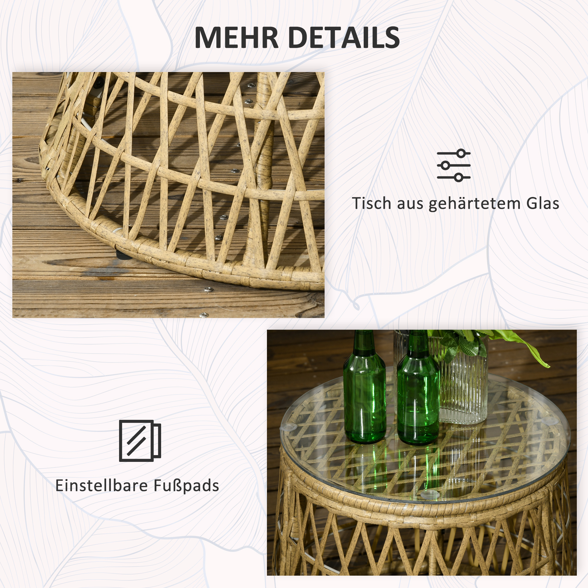 Runder Korbtisch mit Glasplatte, grünen Flaschen und Detailaufnahmen auf Holzoberfläche.
