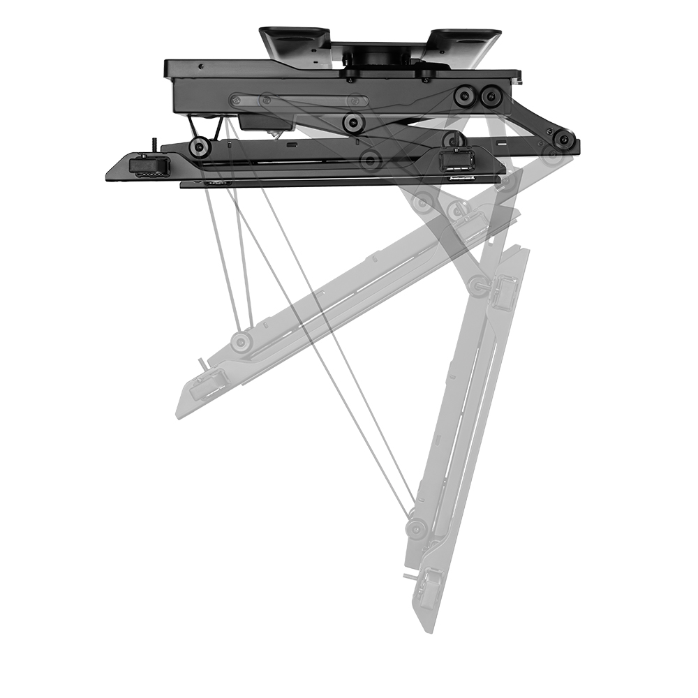 Eine schwarze TV-Halterung mit einem mechanischen Arm, der die Gelenke und Bewegungen der Halterung zeigt.