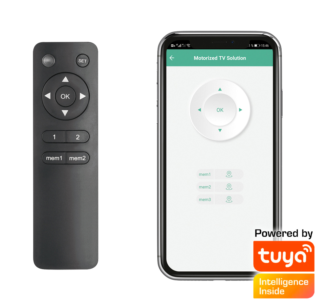 Fernbedienung und Smartphone, das eine Steuerungsoberfläche anzeigt.
