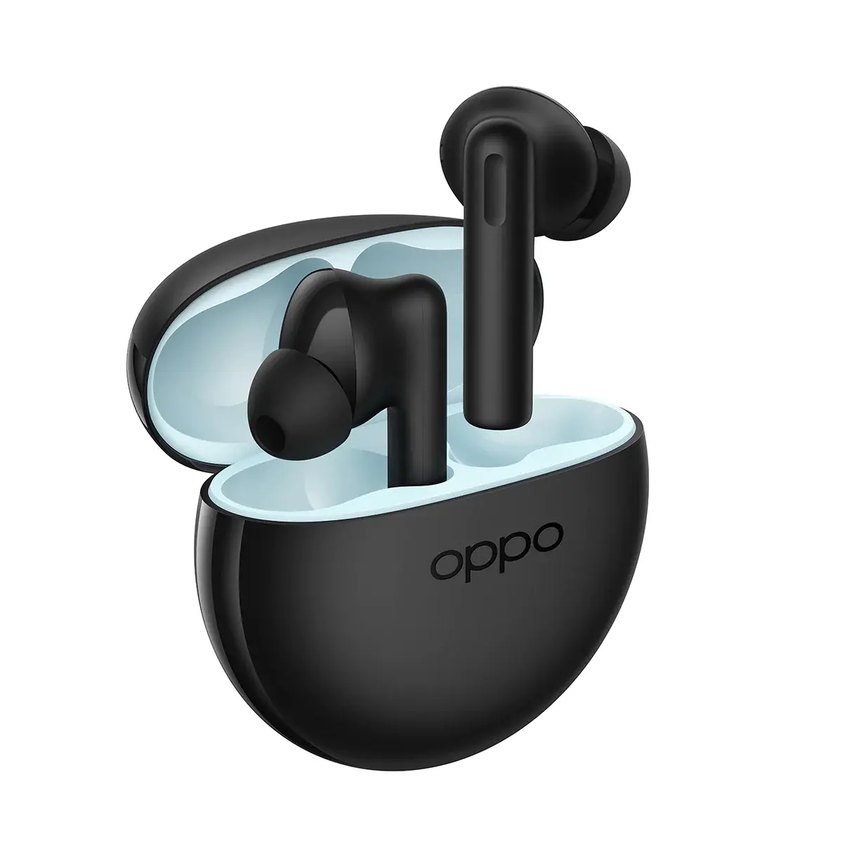 Auricolari Oppo neri e custodia di ricarica. La custodia è aperta, mostrando l'interno azzurro.
