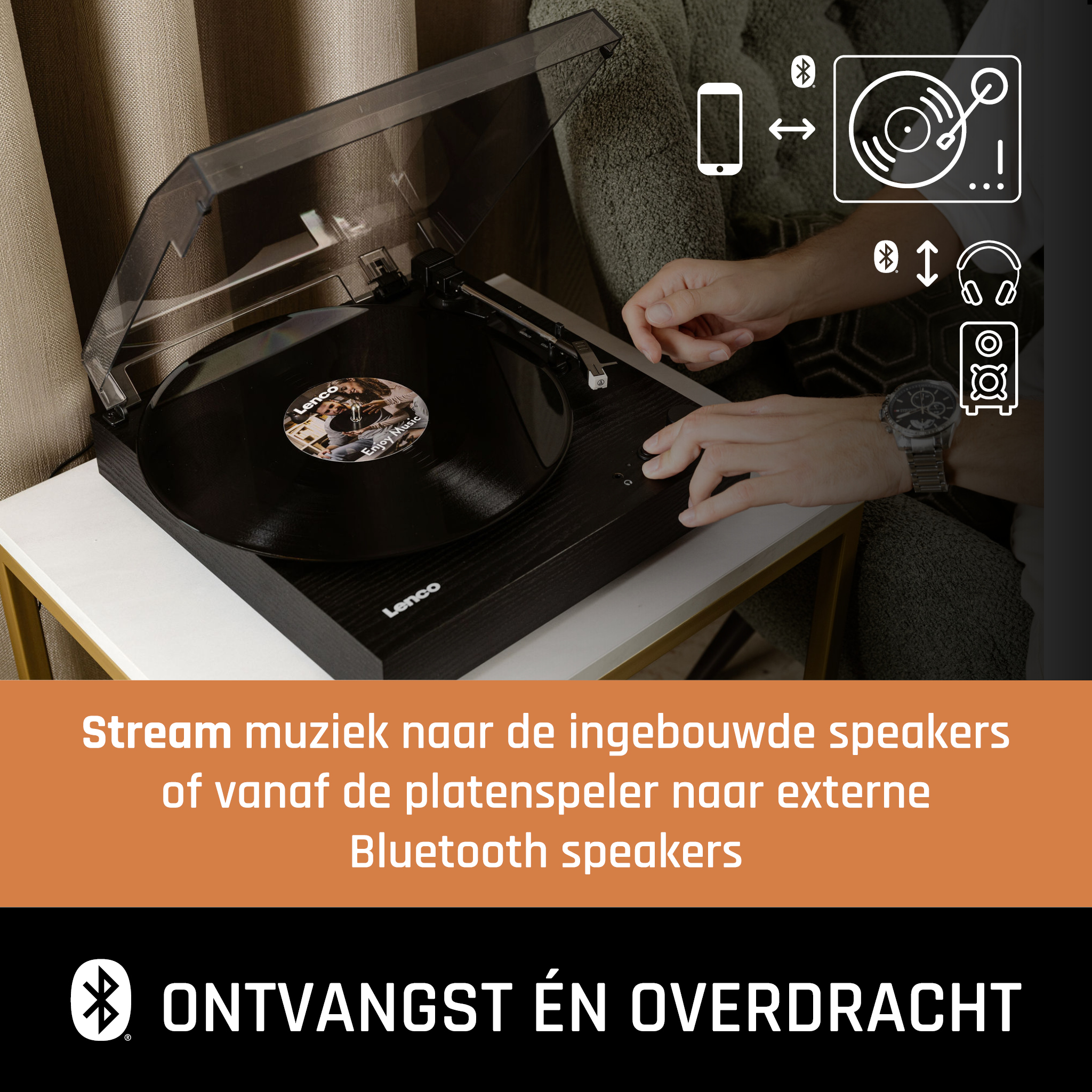 Turntable playing a record. Hands adjust the device. Text says, 'Stream music to speakers'.