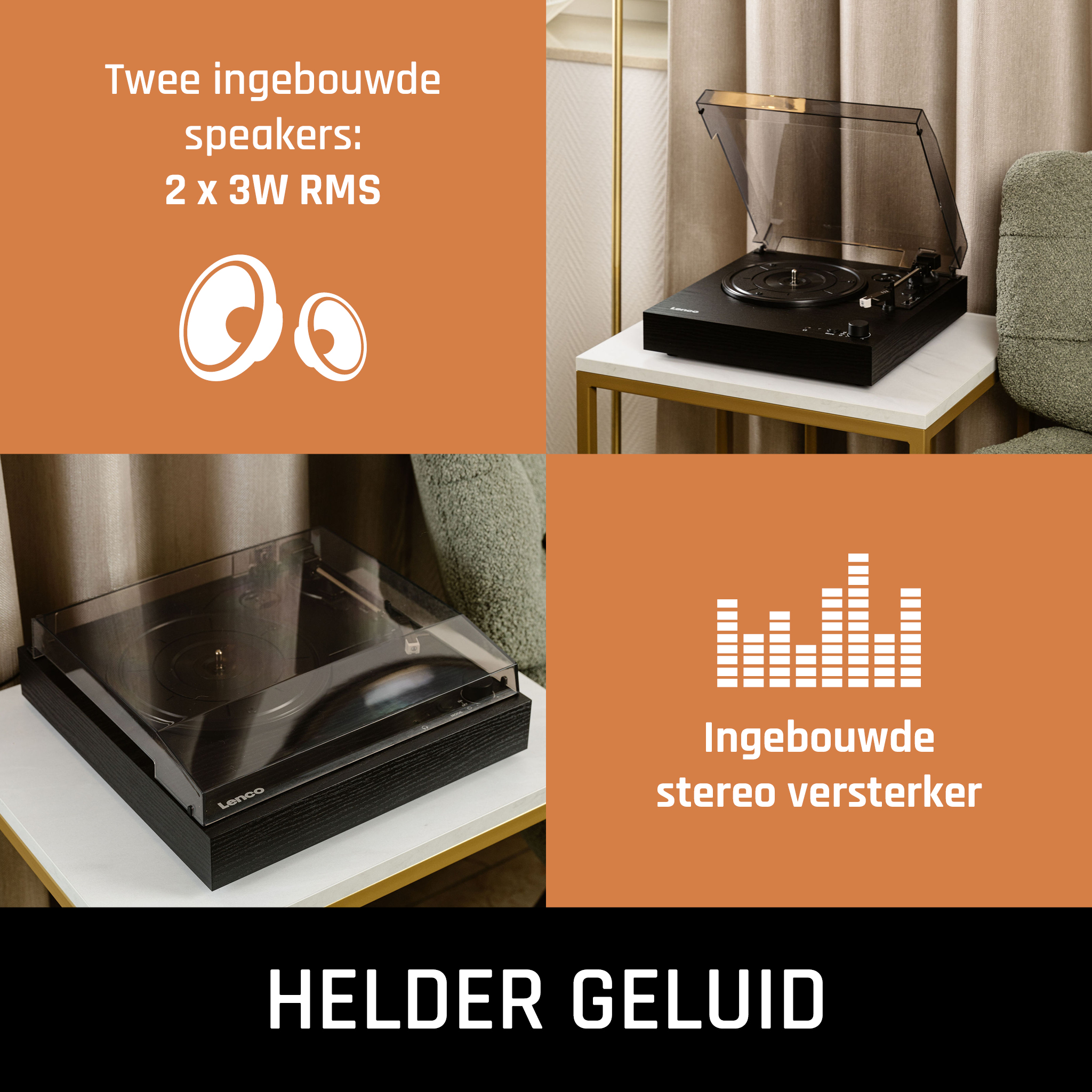 Turntable setup. Two speakers, a record player, and text about sound quality.