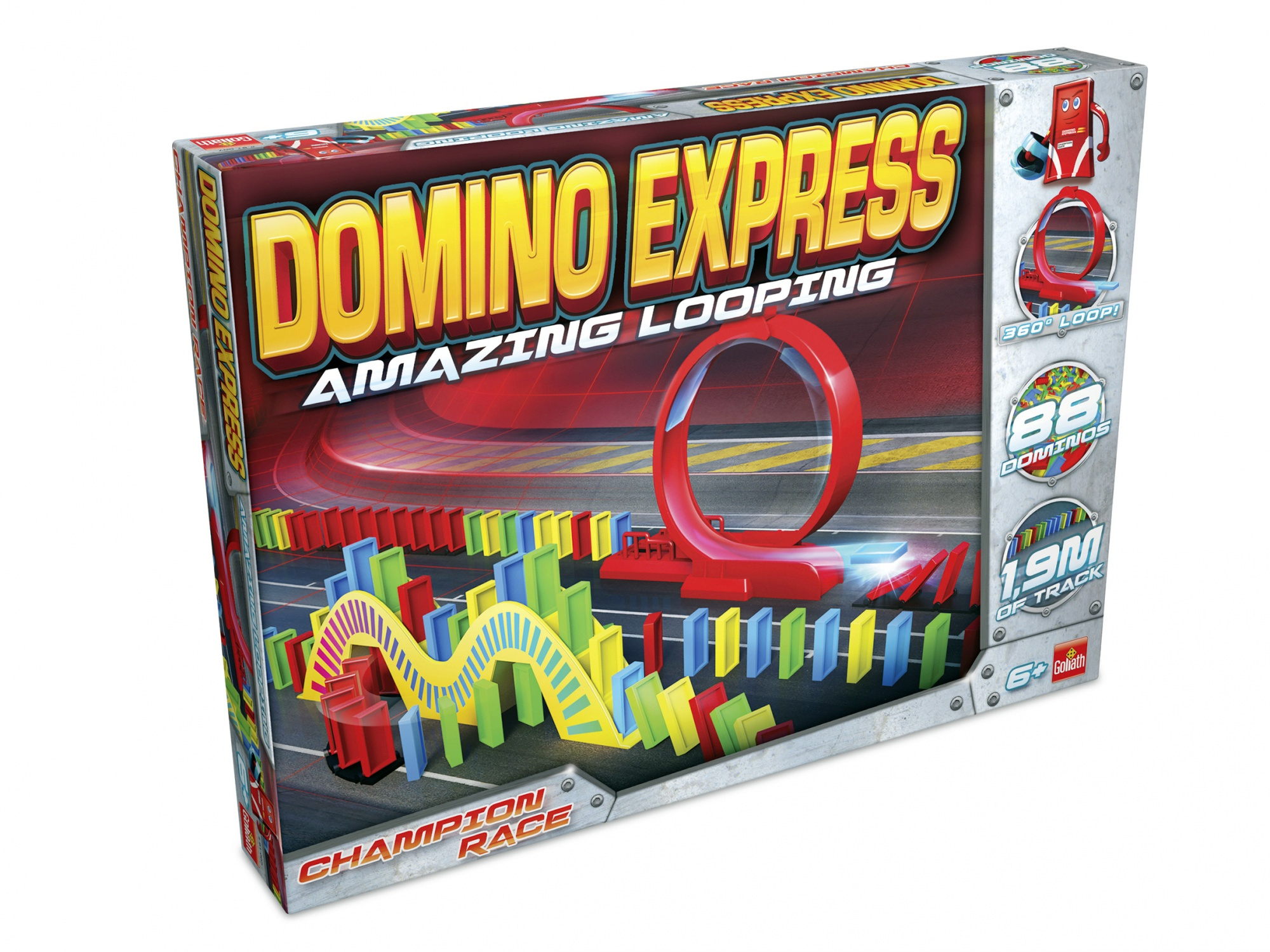 Scatola Domino Express con domino e una pista a circuito rosso. Sfondo bianco.