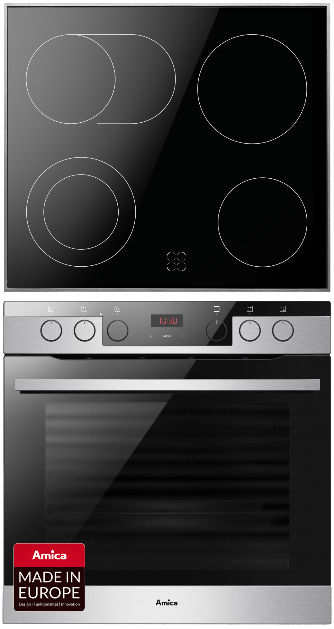 Elektrisches Kochfeld und Backofen. Schwarzes Kochfeld mit vier Kochstellen. Edelstahlbackofen mit Display und Tür.