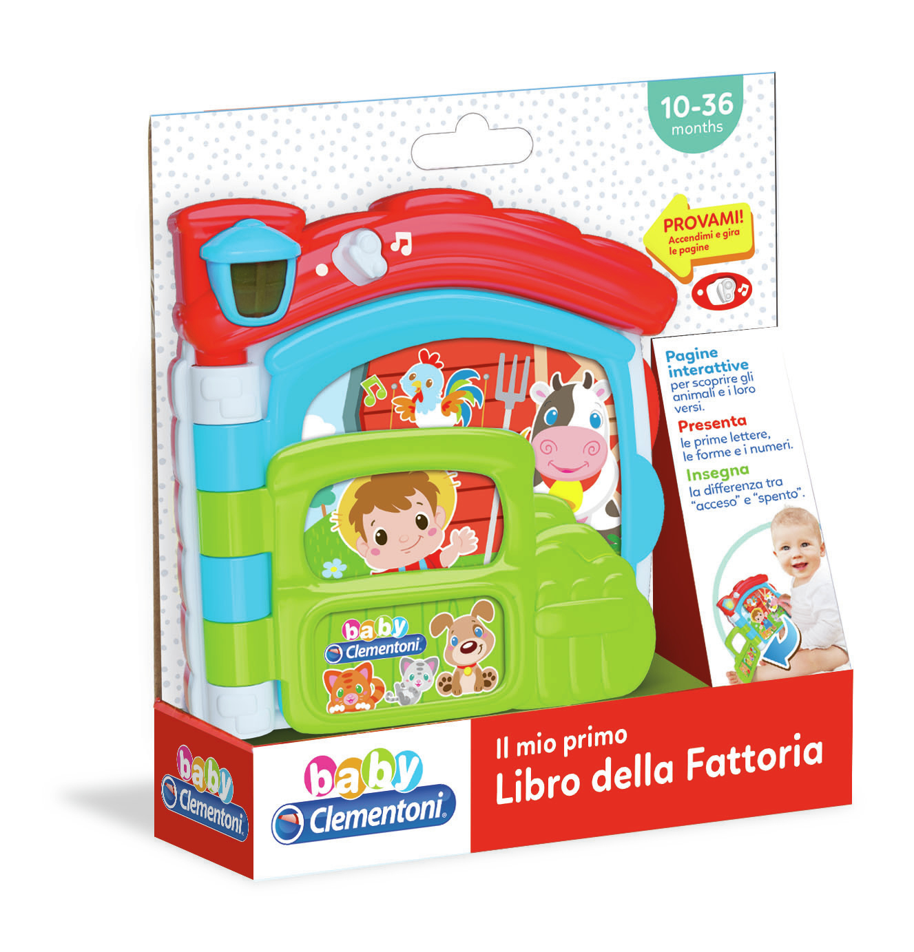 Kolorowa, interaktywna książeczka-zabawka w kształcie budynku, z dzieckiem na okładce.