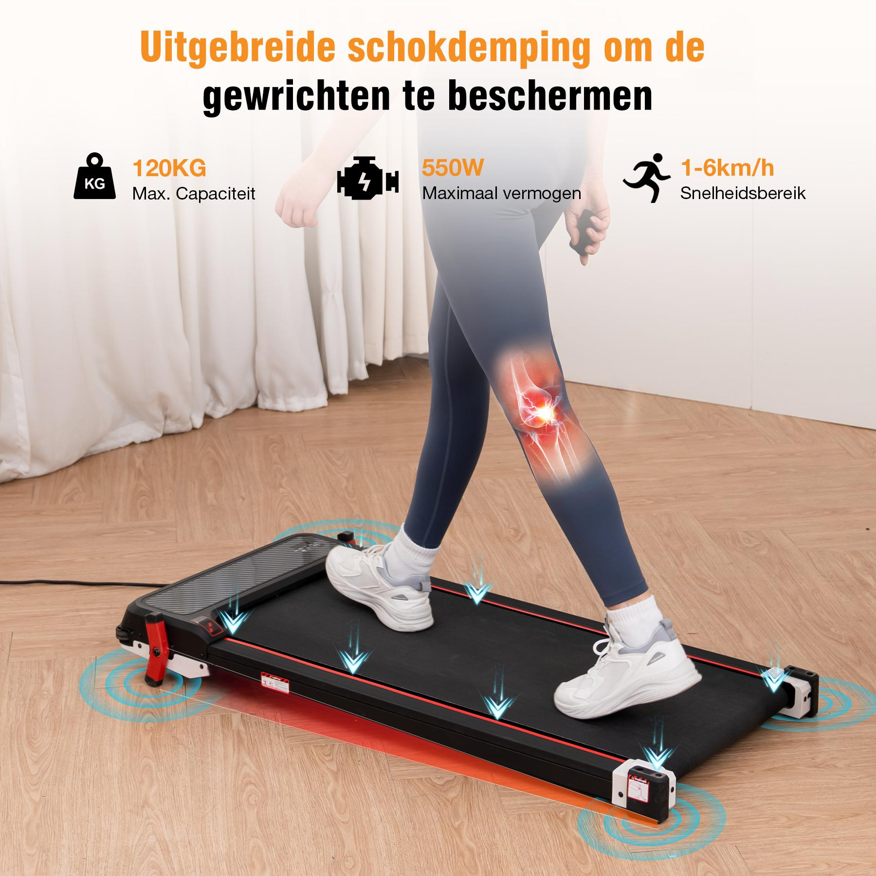 A person walks on a treadmill, with text about shock absorption and speed.