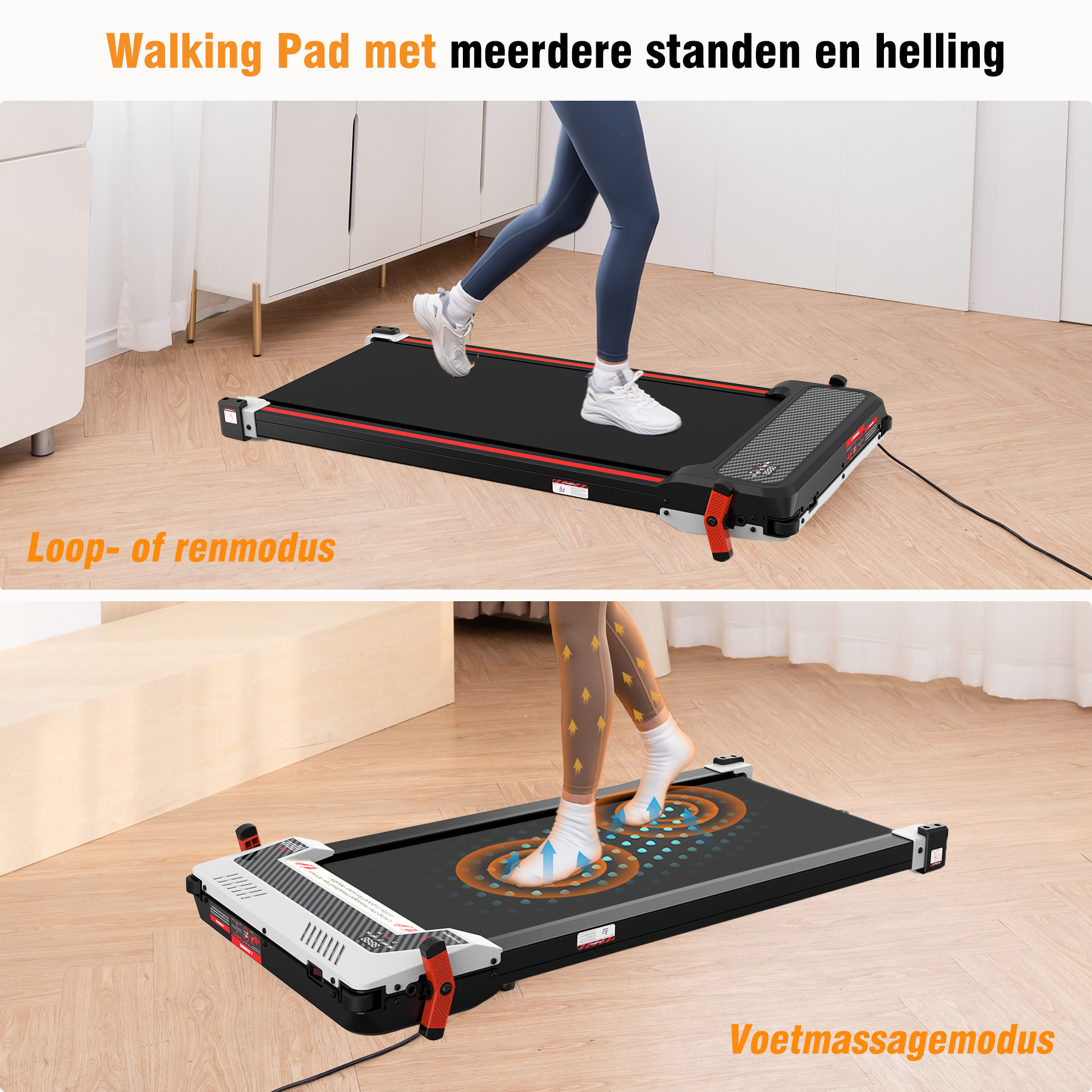 Two images of a walking pad in use, demonstrating running and foot massage modes.
