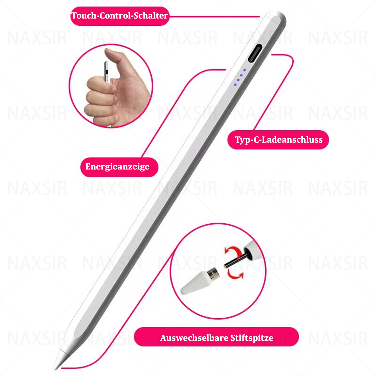 Ein weißer Stift mit Ladeanzeige und austauschbarer Spitze, mit Beschriftungen.