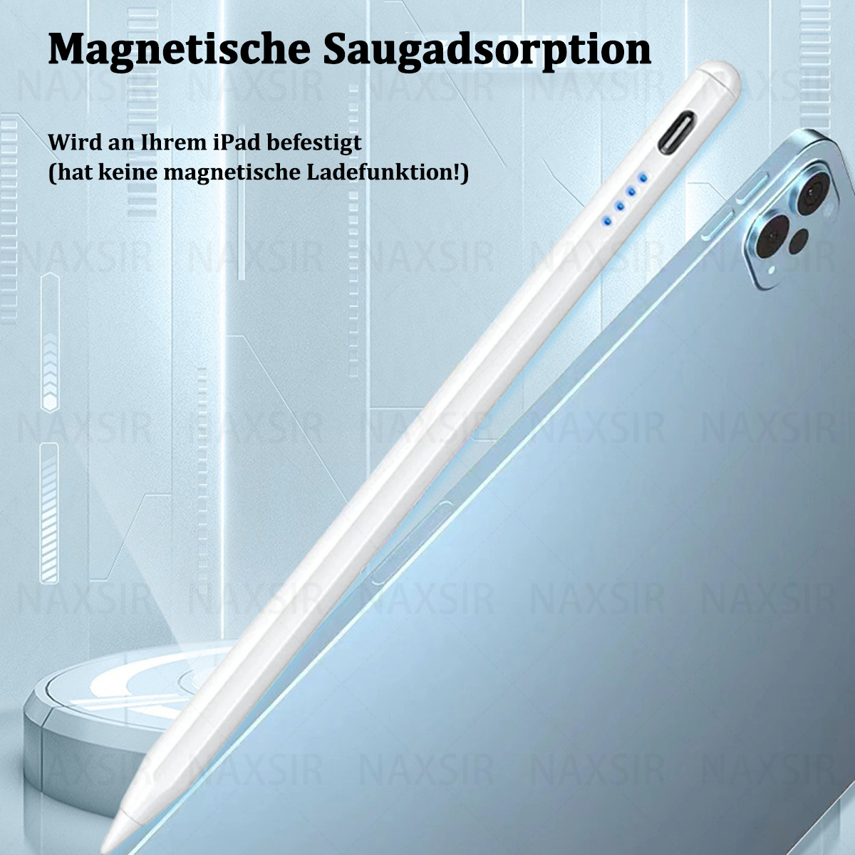 Weißer Stift an einem blauen iPad, Text über magnetische Befestigung und Laden.