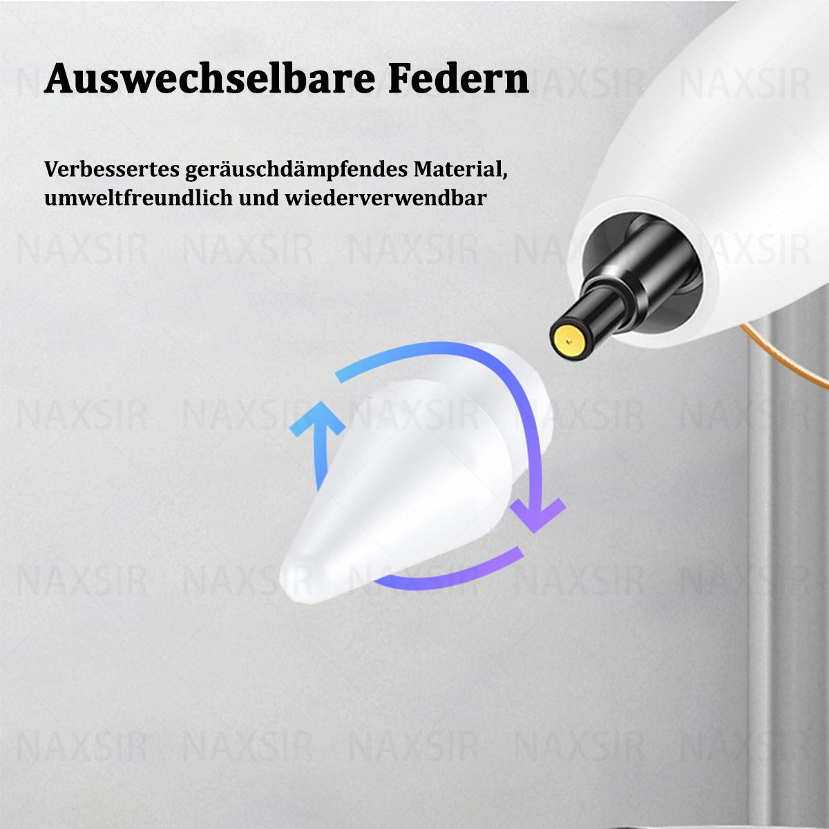 Nahaufnahme einer Stiftspitze mit Ersatzspitze, Text zu austauschbaren Federn.