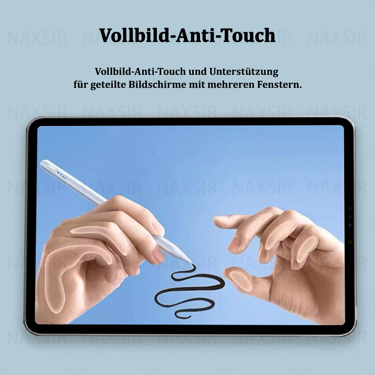 Tablet mit Stiftzeichnung auf dem Bildschirm, Text zu Vollbild-Anti-Touch und Support.