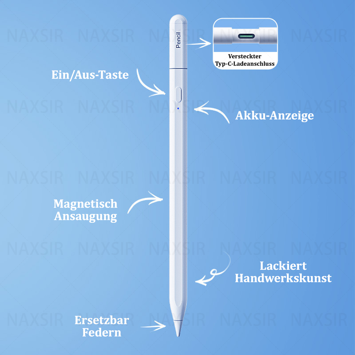 Weißer Stylus-Stift mit verstecktem Ladeanschluss und Batteriestandsanzeige. Blauer Hintergrund mit Beschriftungen.