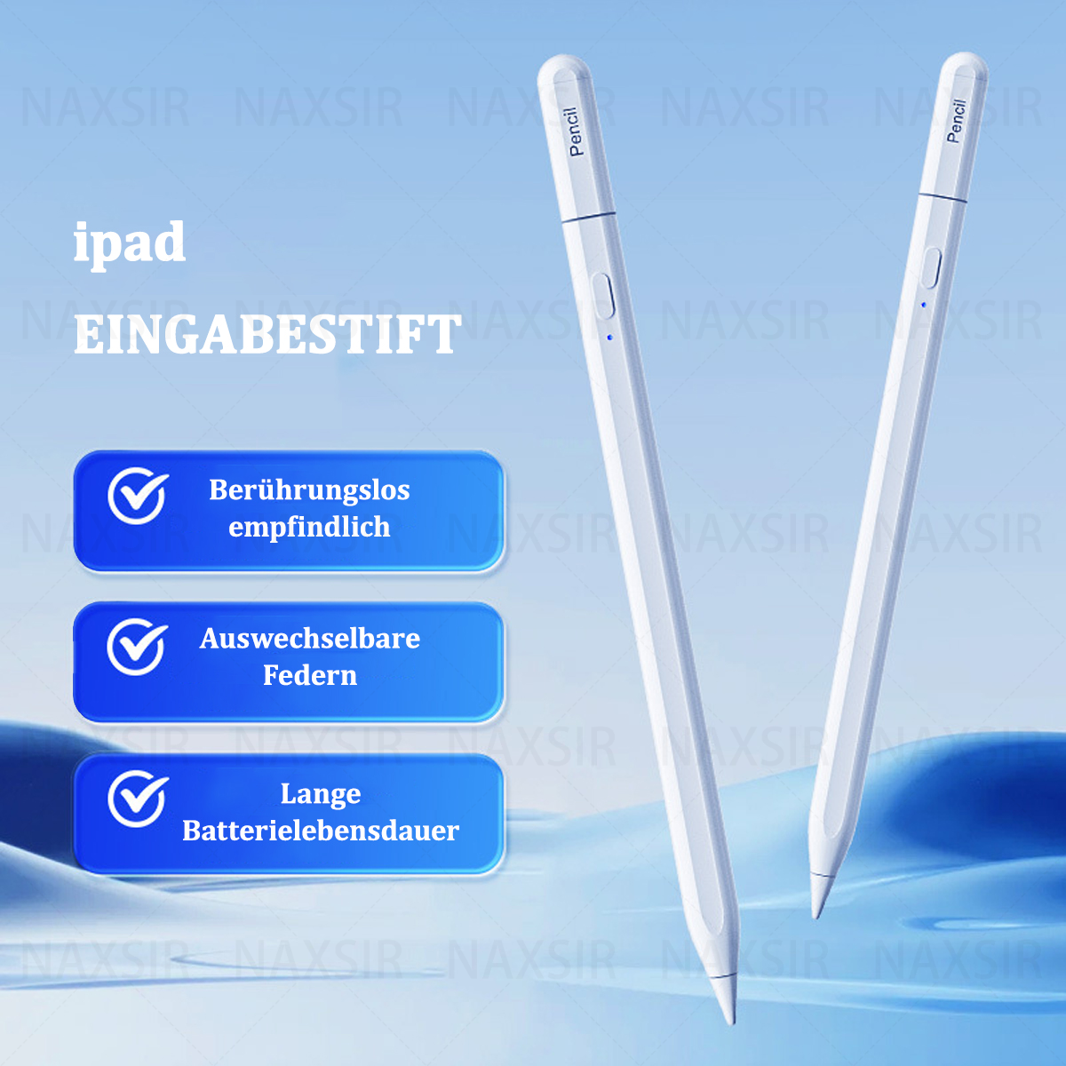 Zwei weiße Stylus-Stifte. Sie befinden sich neben blauen Kästchen mit Häkchen. Text beschriftet sie.