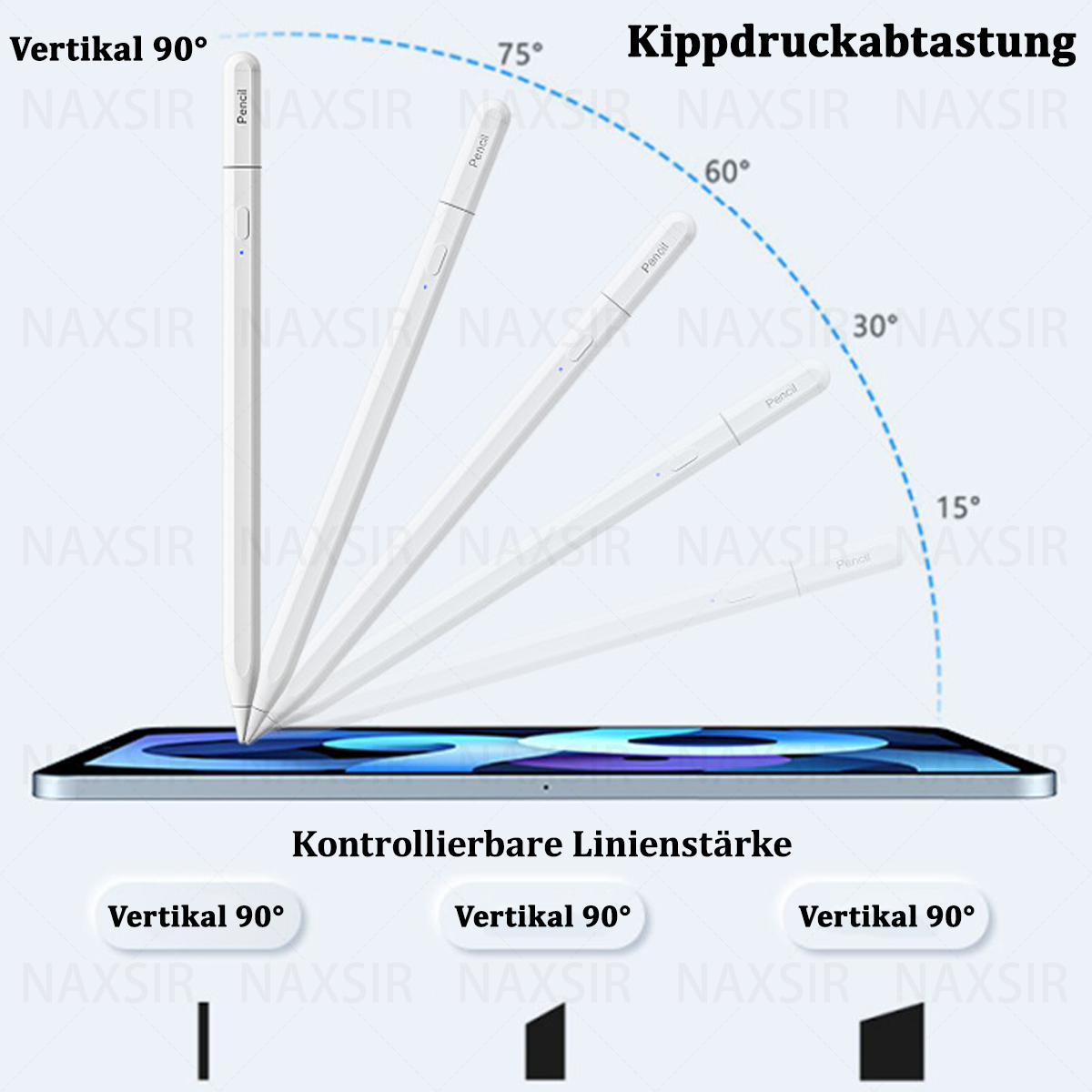 Stylus-Stiftwinkel. Verschiedene Winkel werden mit entsprechenden Linienstärkenbeispielen gezeigt.