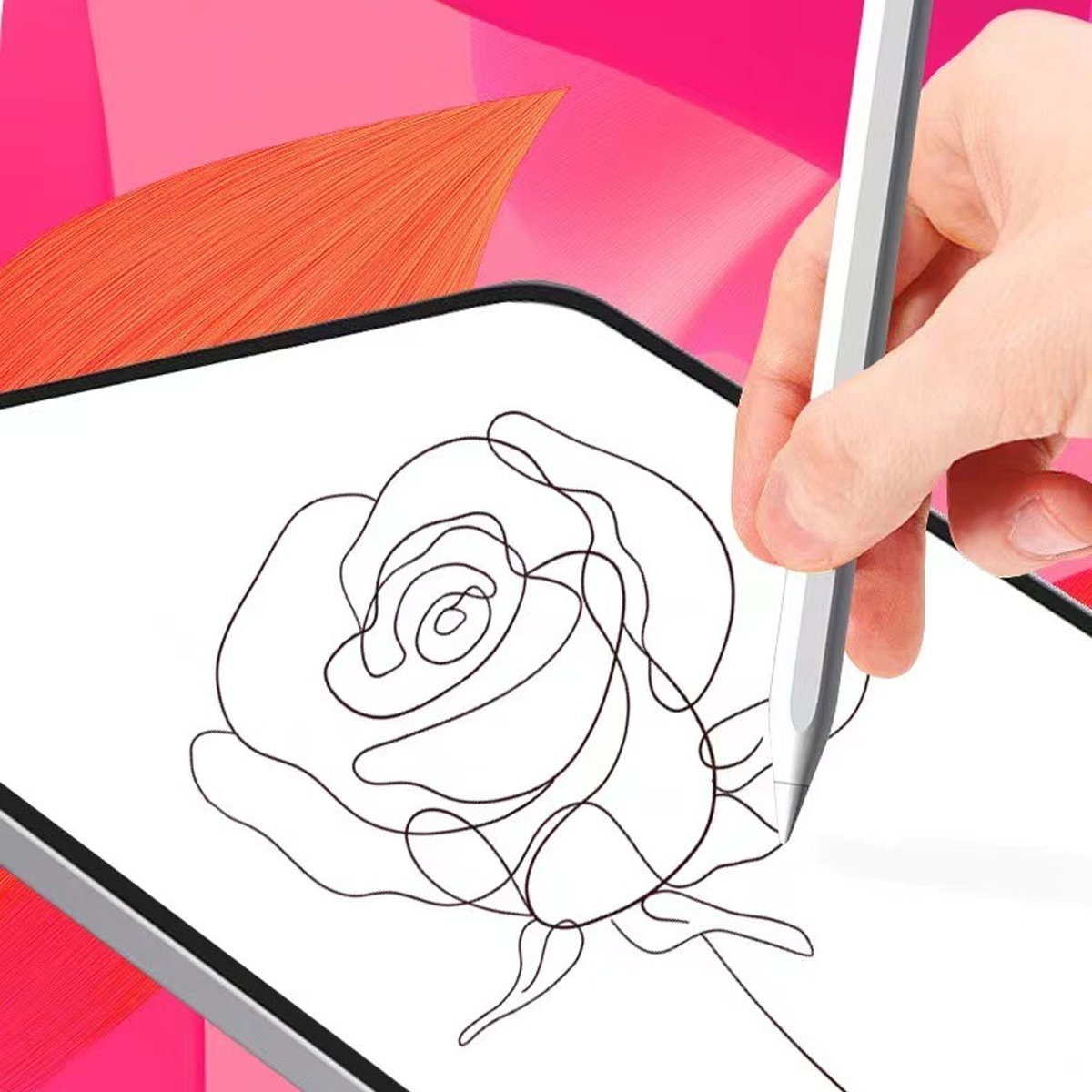 Eine Hand zeichnet mit einem Stift eine Rose auf einem Tablet. Der Hintergrund ist rosa und orange.