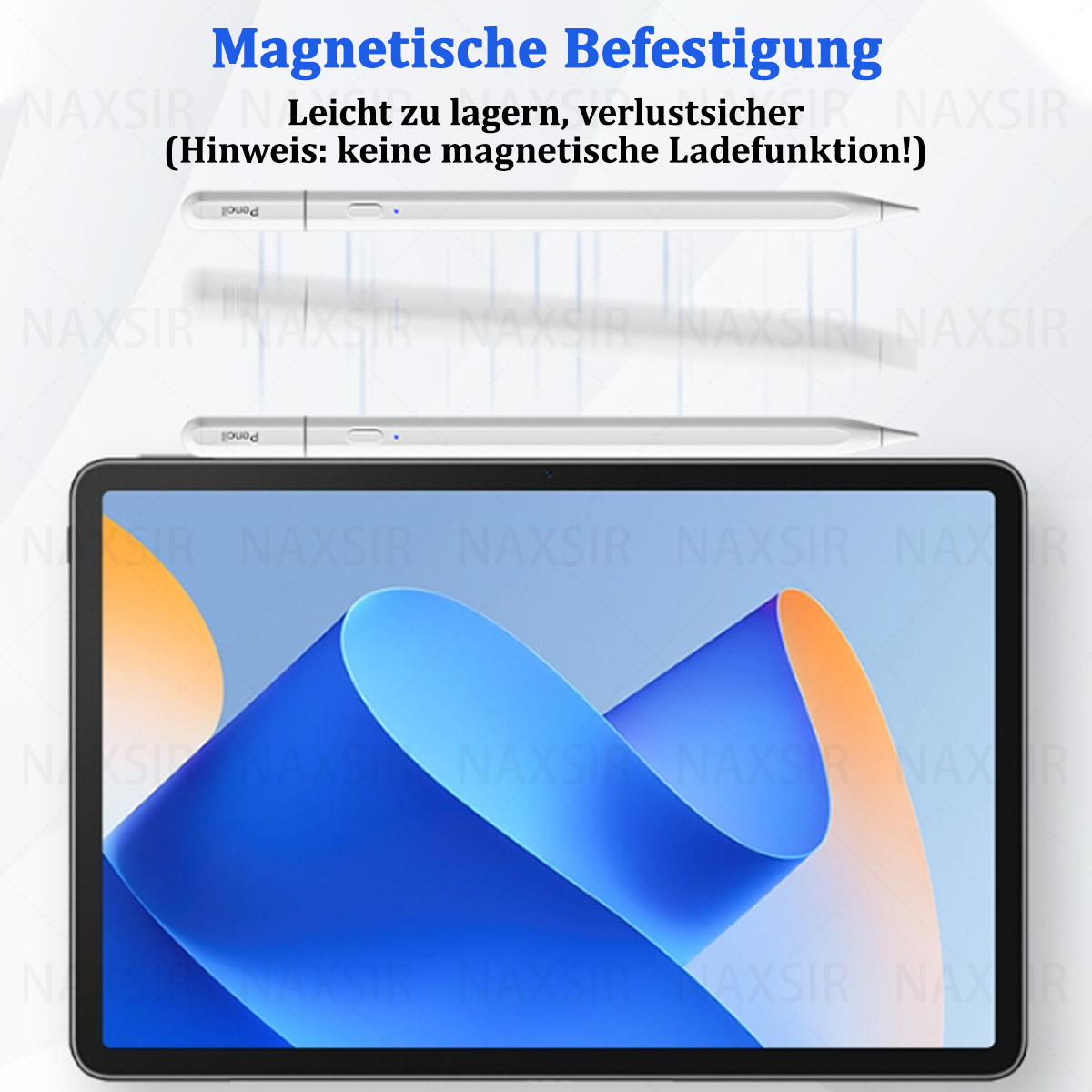 Tablet mit zwei Stiften. Text: Magnetische Befestigung, einfache Aufbewahrung.