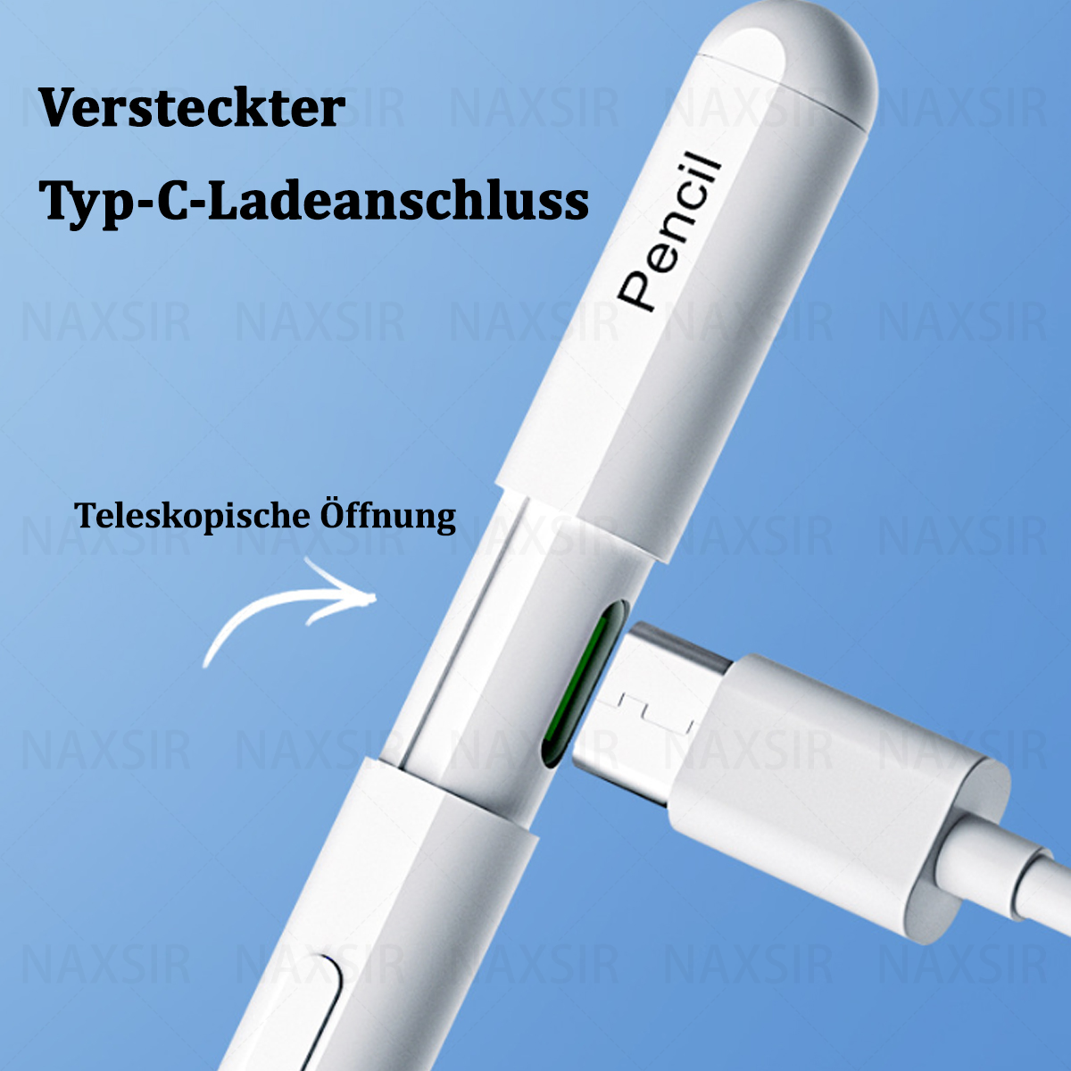Stylus-Stift-Ladeanschluss und die teleskopische Öffnung. Ein Ladekabel ist eingesteckt.