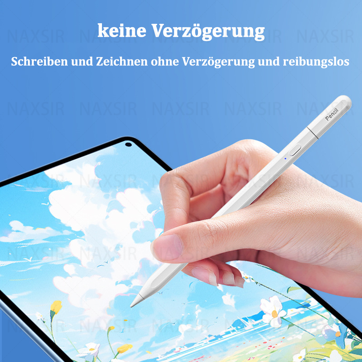 Hand, die einen Stift hält und auf einem Tablet schreibt. Der Hintergrund ist eine blaue Oberfläche.