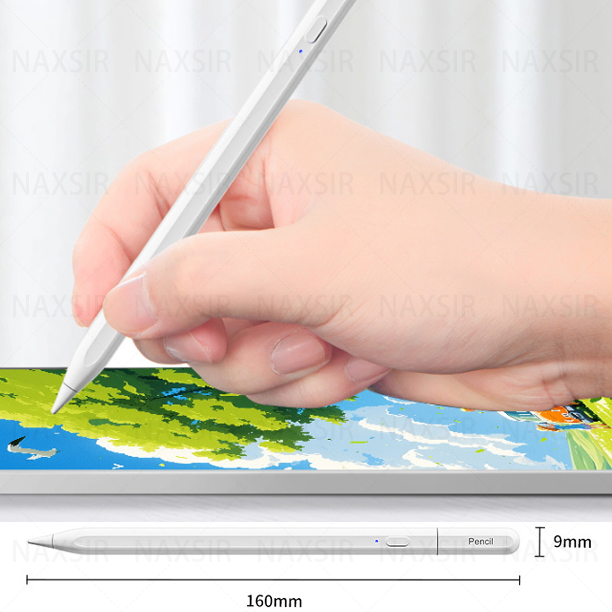 Hand, die einen Stift neben einem Tablet hält. Text: „Pencil“. Abmessungen werden gezeigt.