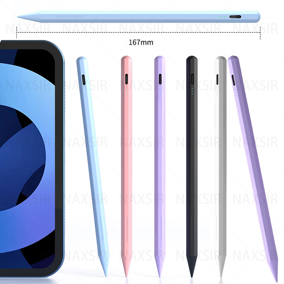 Stylus-Stifte in verschiedenen Farben. Der obere ist blau. Sie befinden sich neben einem blauen Tablet.