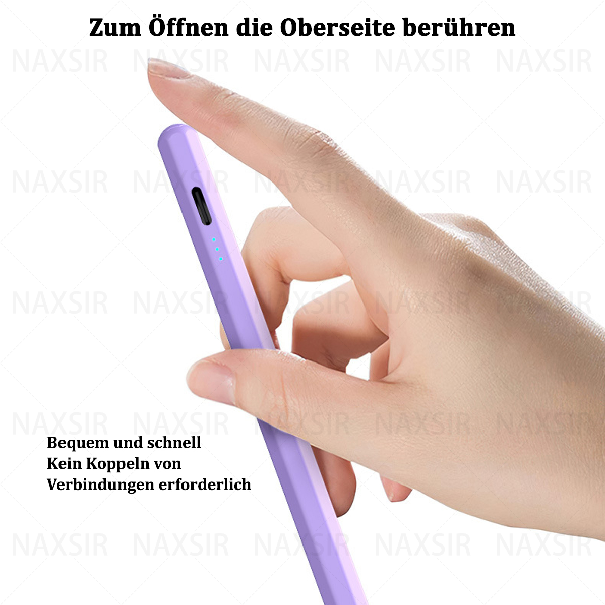 Hand hält Stift. Text: Oberseite öffnen. Keine Verbindungen erforderlich.