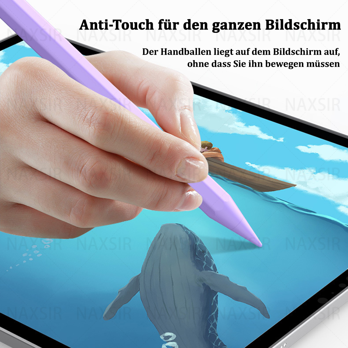 Tablet und Stift. Stift berührt den Bildschirm, zeichnet Wal und Boot. Text: Anti-Touch-Bildschirm.