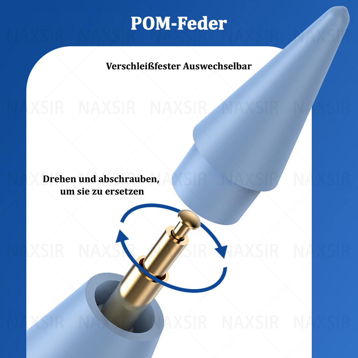 Eine hellblaue Stiftspitze wird zerlegt, mit Text auf Deutsch.