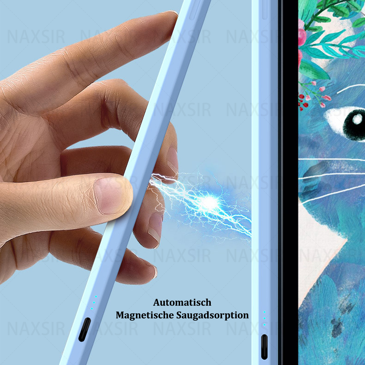 Eine Hand, die einen blauen Stift in der Nähe eines Tablet-Bildschirms hält, mit deutschem Text.
